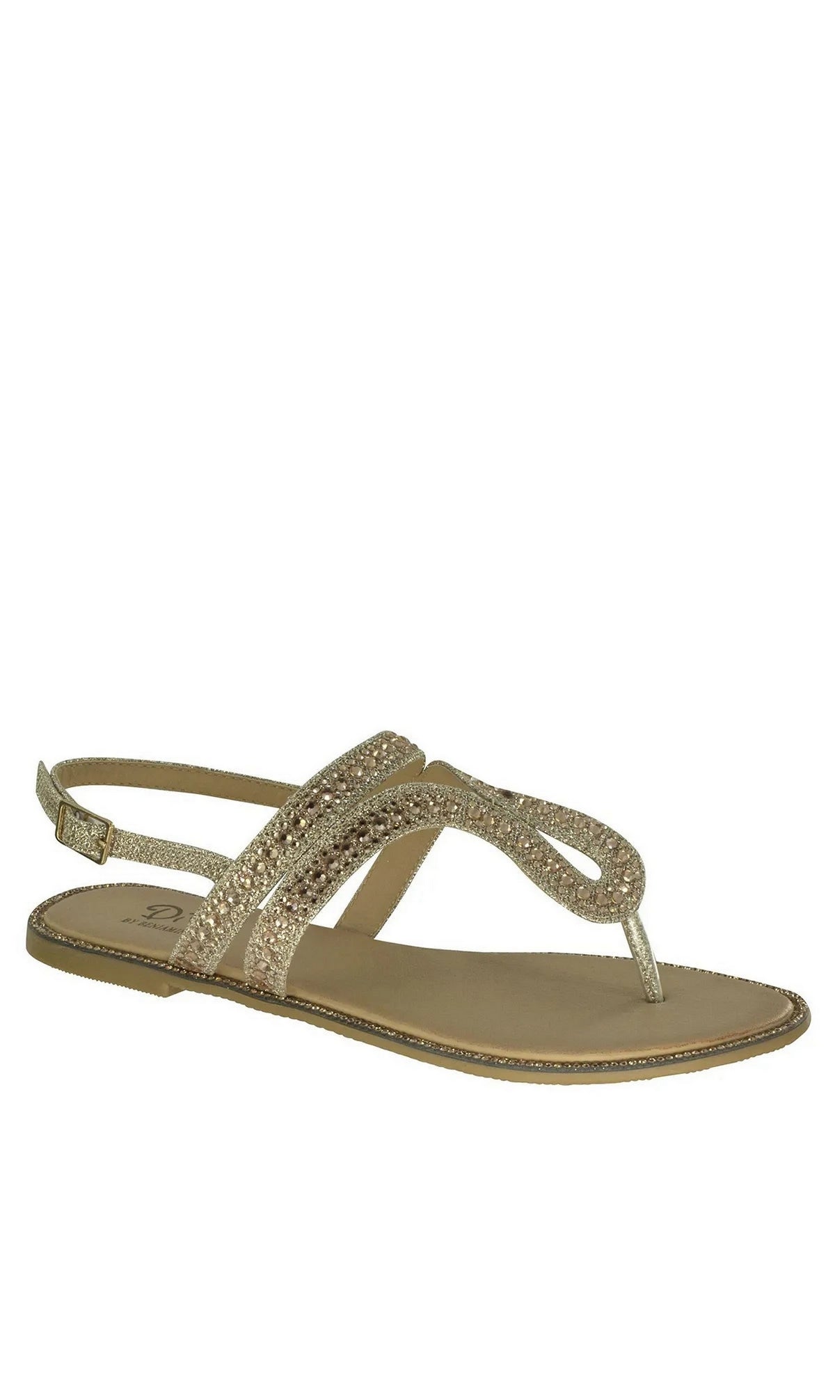 Champagne Glitter Flat Prom Shoes: Touch Ups D112 champagne-colored glittery rhinestone sandals featuring a T-strap design, an adjustable ankle buckle, and a comfortable flat open toe.
