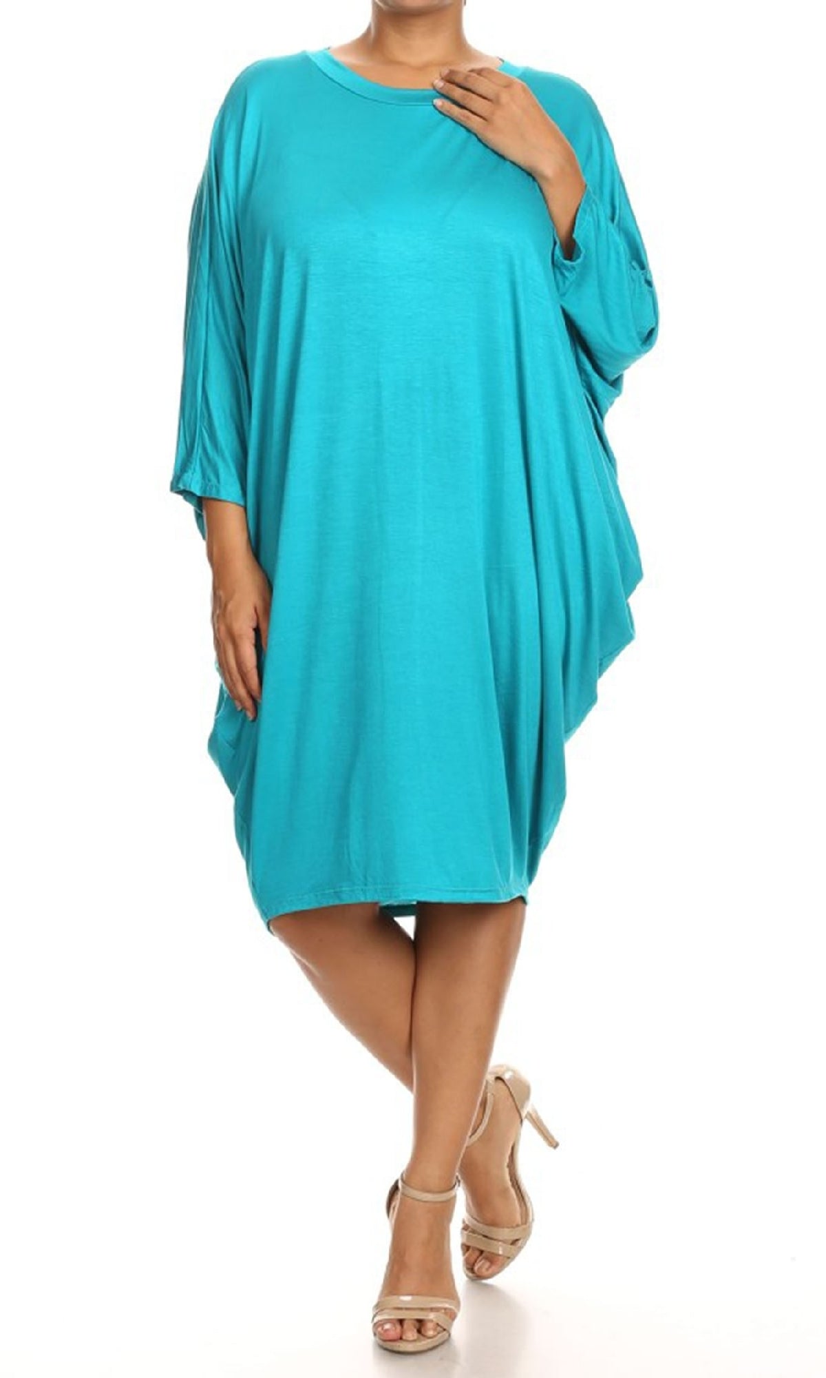 A person wearing a Short Casual Plus Size Dress with Dolman Sleeves in turquoise and beige high-heeled sandals stands against a white background.