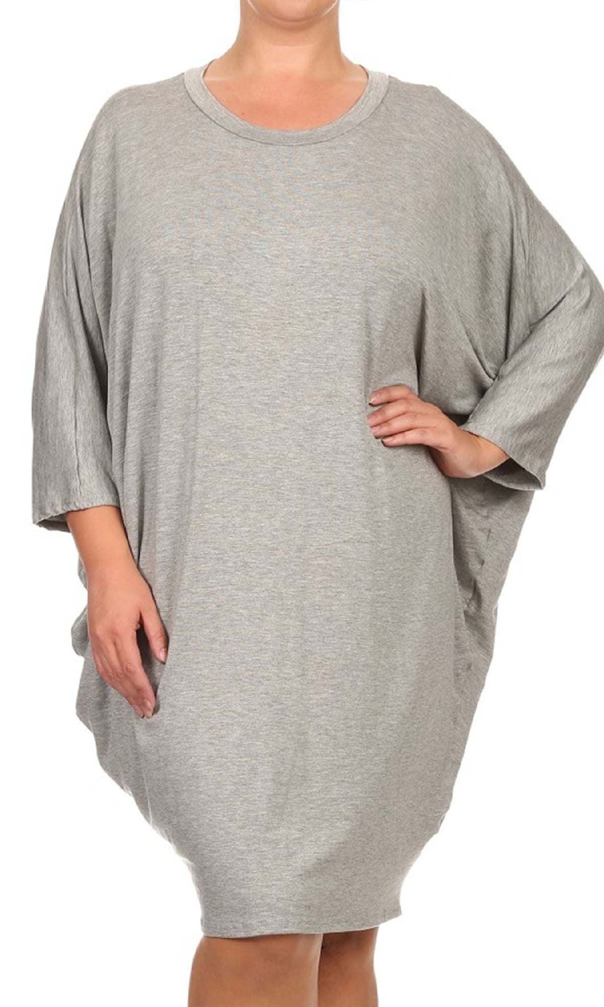 A person wearing a loose-fitting Short Casual Plus Size Dress with Dolman Sleeves in light gray stands with one hand on their hip against a plain background.