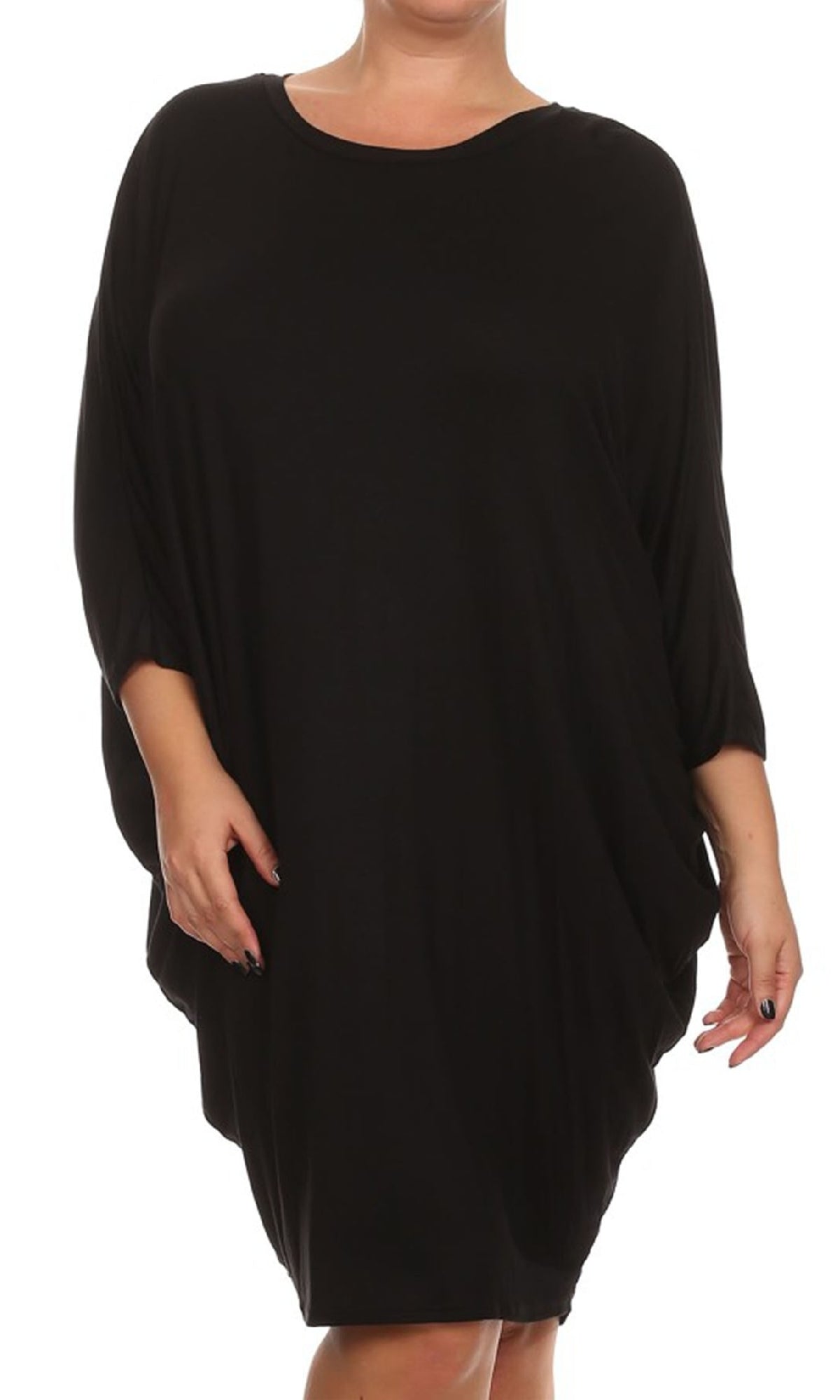 A person models the Short Casual Plus Size Dress with Dolman Sleeves, a loose-fitting black dress, against a plain white background.