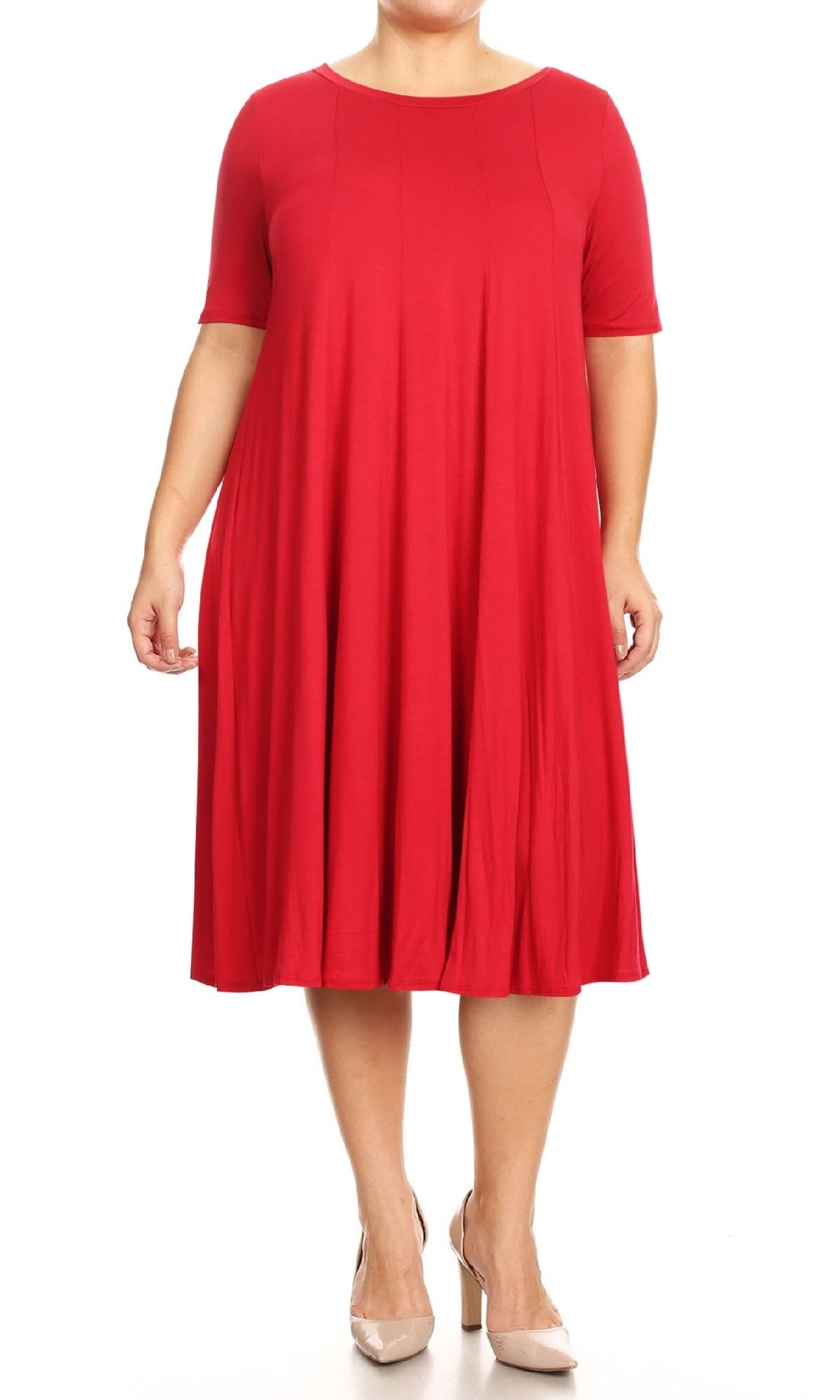 A person wearing the Plus-Size Jersey Knit Oversized A-Line Casual Dress in red with short sleeves and light-colored heels stands against a white background.