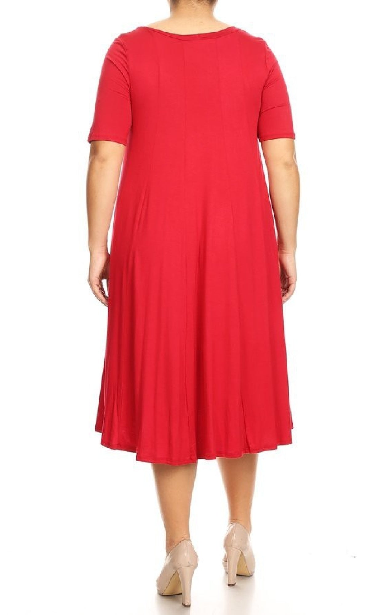 A person is shown from the back wearing the Plus-Size Jersey Knit Oversized A-Line Casual Dress in red with short sleeves and beige heels, standing against a white background.