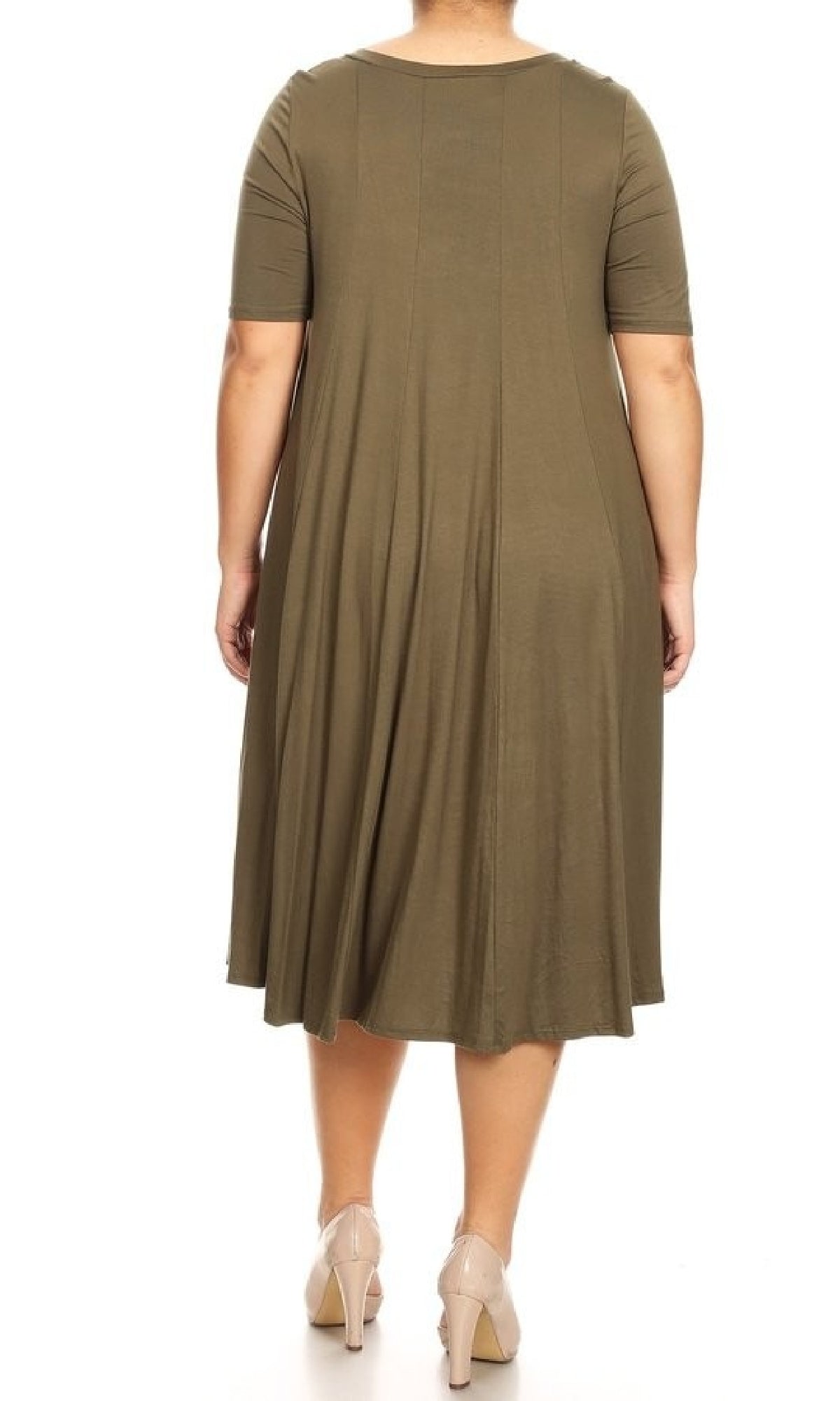 A person is shown from the back against a white background wearing a Plus-Size Jersey Knit Oversized A-Line Casual Dress in olive green, knee-length with short sleeves, paired with beige heels.