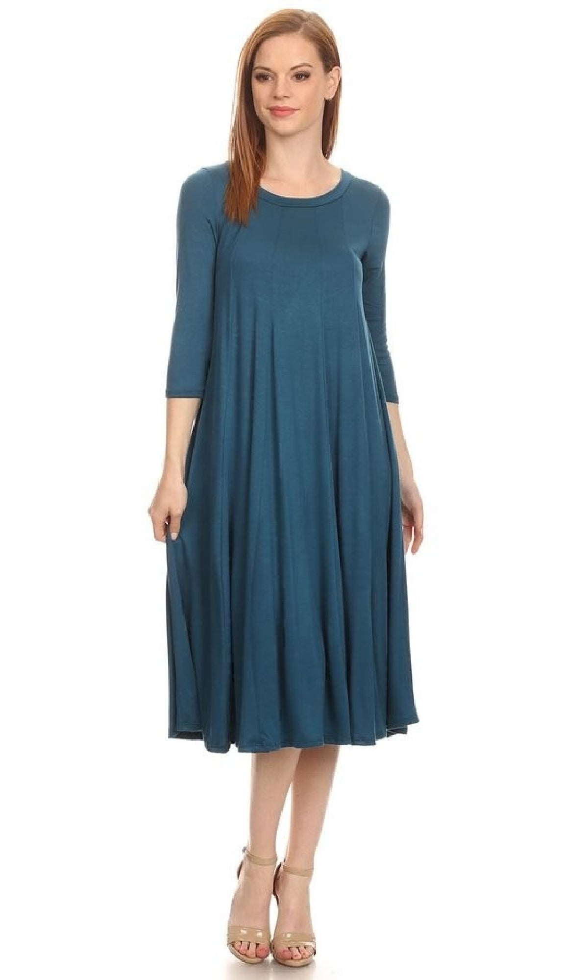 A woman in a Knee-Length Casual Party Dress with long sleeves and beige high-heeled sandals stands on a white background.