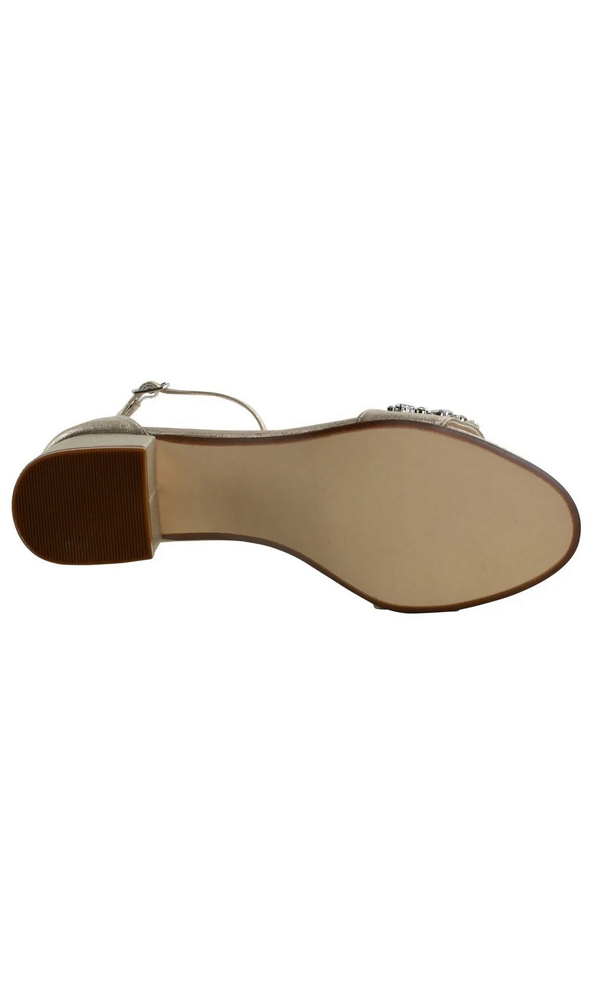 Bottom view of the Devon Champagne Prom Shoes: Dyeables 4572, a low-heeled, metallic champagne shoe with an ankle strap and a jeweled strap embellishment near the toe.