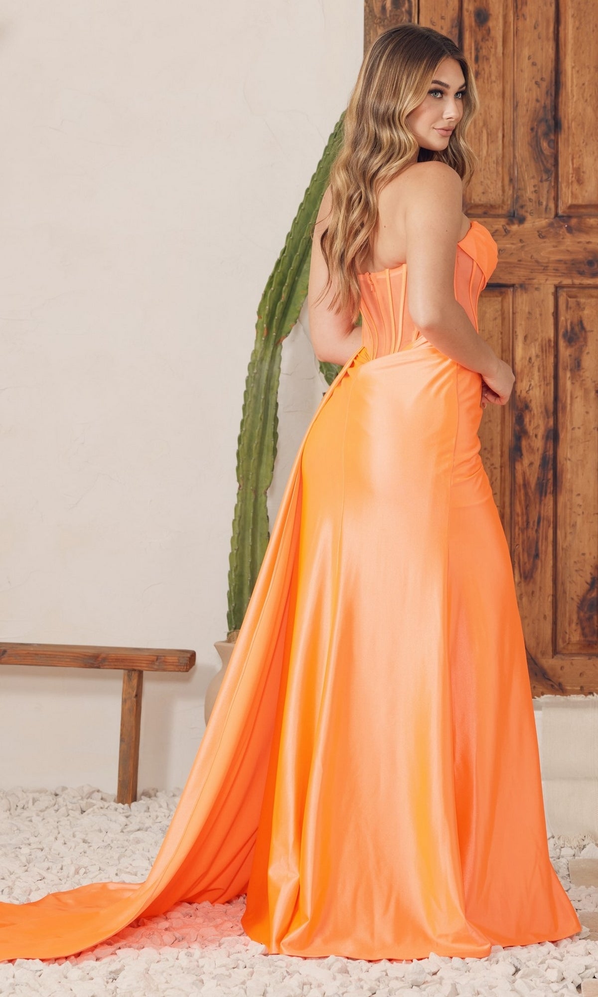 Side Drape Long Sheer-Corset Prom Dress E1237