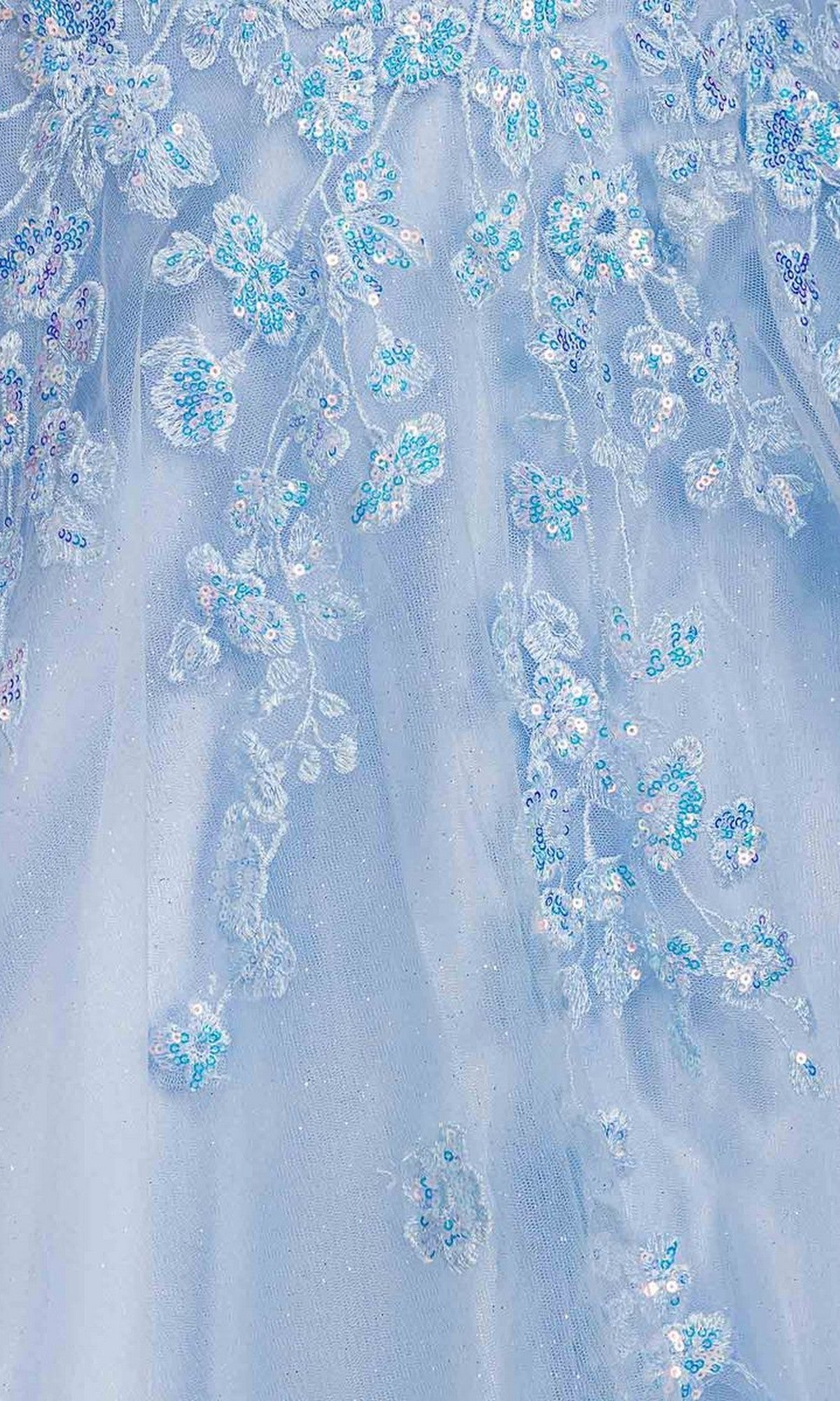 Close-up of Bahama Blue sheer fabric with embroidered floral patterns and sequins from the Long Prom Dress: Eureka EK197—perfect for a shimmering prom look.