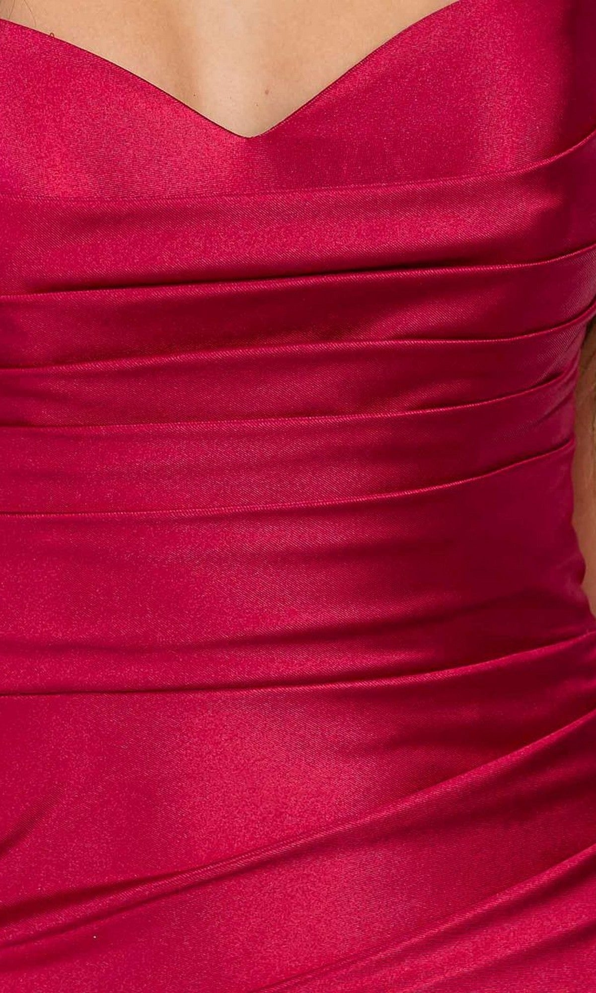 Close-up of a person wearing the Eureka EK199, a fitted shiny pink satin long prom dress featuring a sweetheart neckline and high-leg side slit.