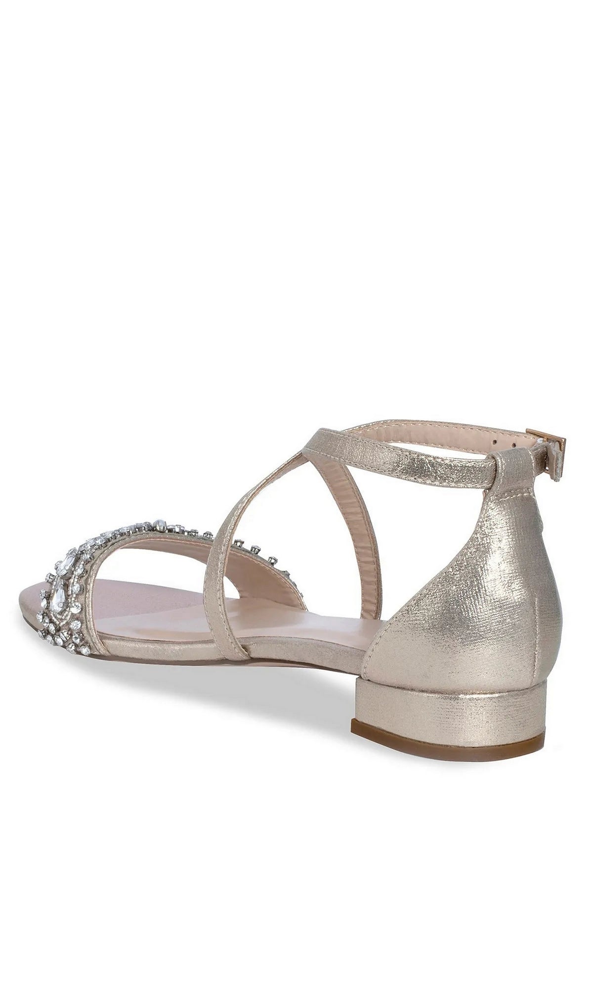 Elyse Champagne Prom Shoes: Paradox London P2233 low block heel sandals in champagne, featuring a rhinestone-embellished front strap and an ankle buckle closure.