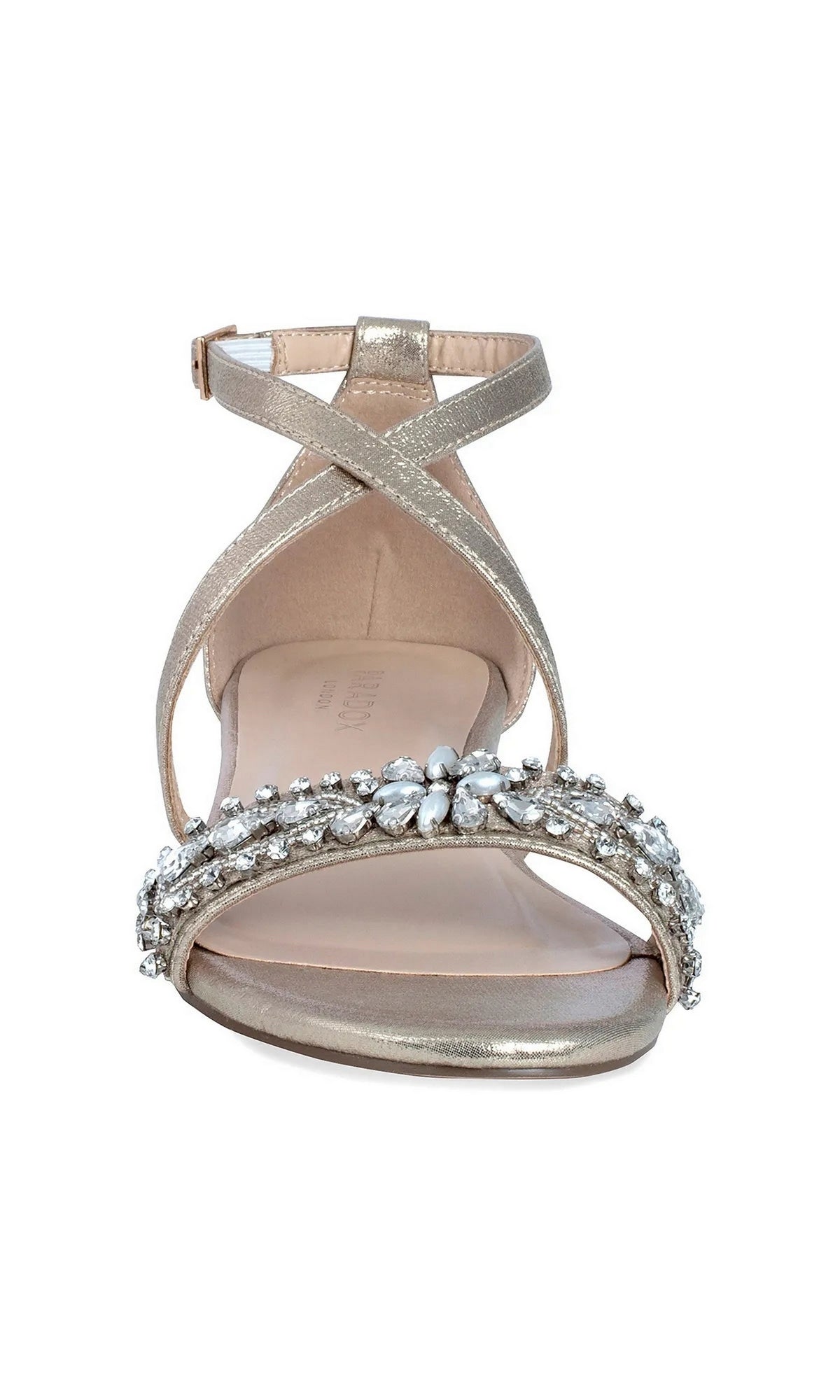 Elyse Champagne Prom Shoes: Paradox London P2233, a champagne-colored low block heel sandal with an embellished crystal toe strap and a wrap-around ankle strap.
