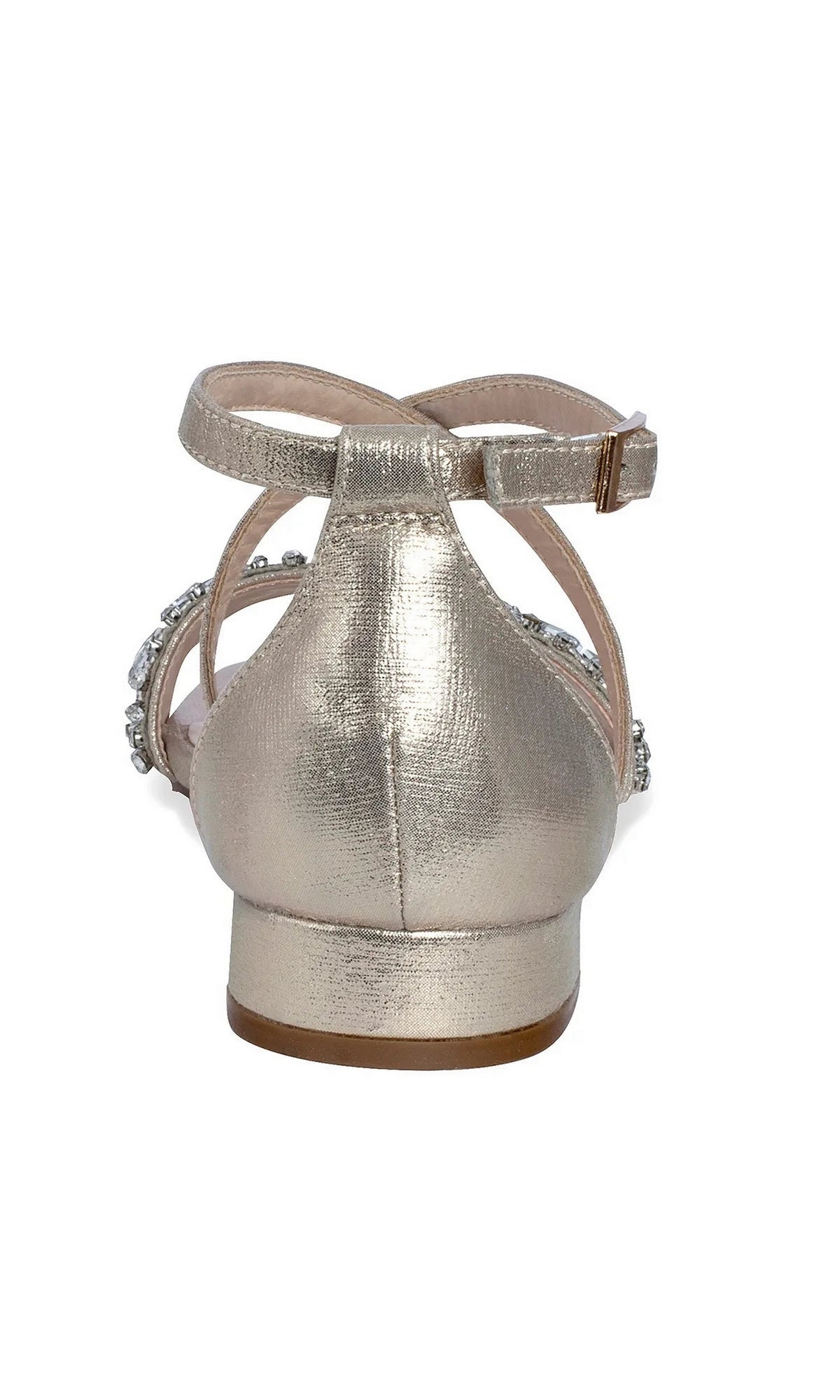 Back view of a champagne-colored Elyse Champagne Prom Shoes: Paradox London P2233 low block heel sandal with an ankle strap and rhinestone embellishments.