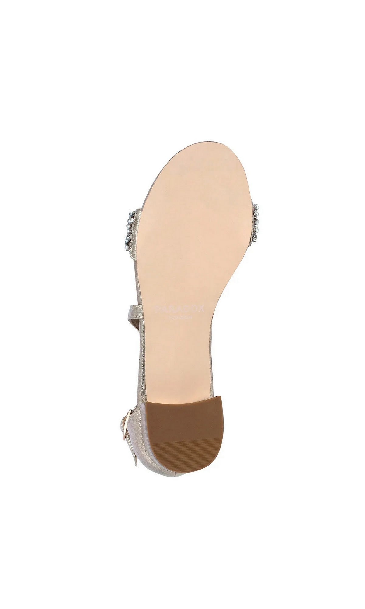The underside of an Elyse Champagne Prom Shoes: Paradox London P2233 block-heeled sandal featuring a crystal-embellished strap.