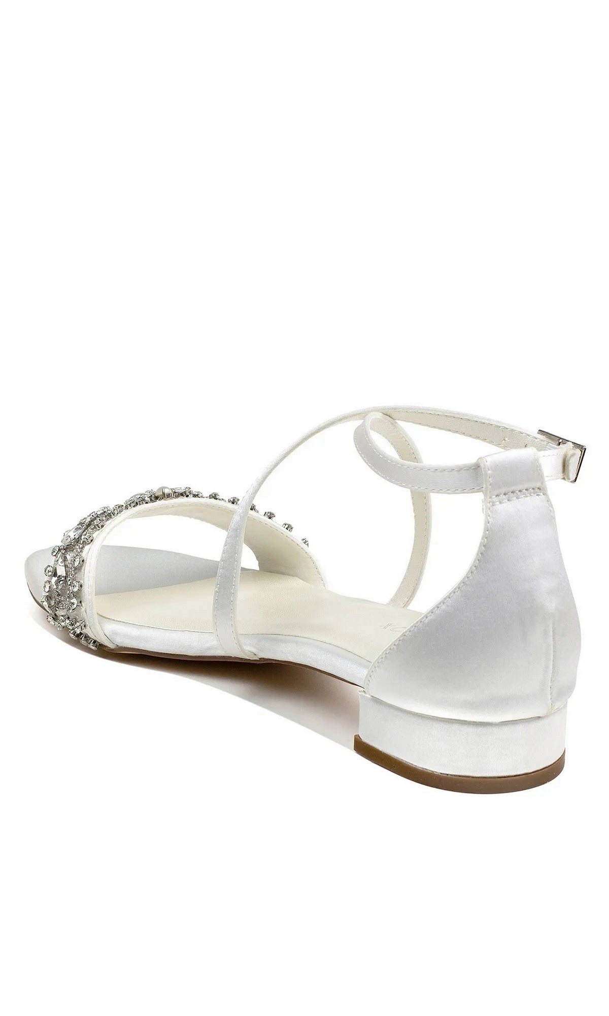 Elyse Ivory Prom Shoes: Paradox London P2231 ivory satin flat sandals featuring an embellished toe strap and an ankle strap.