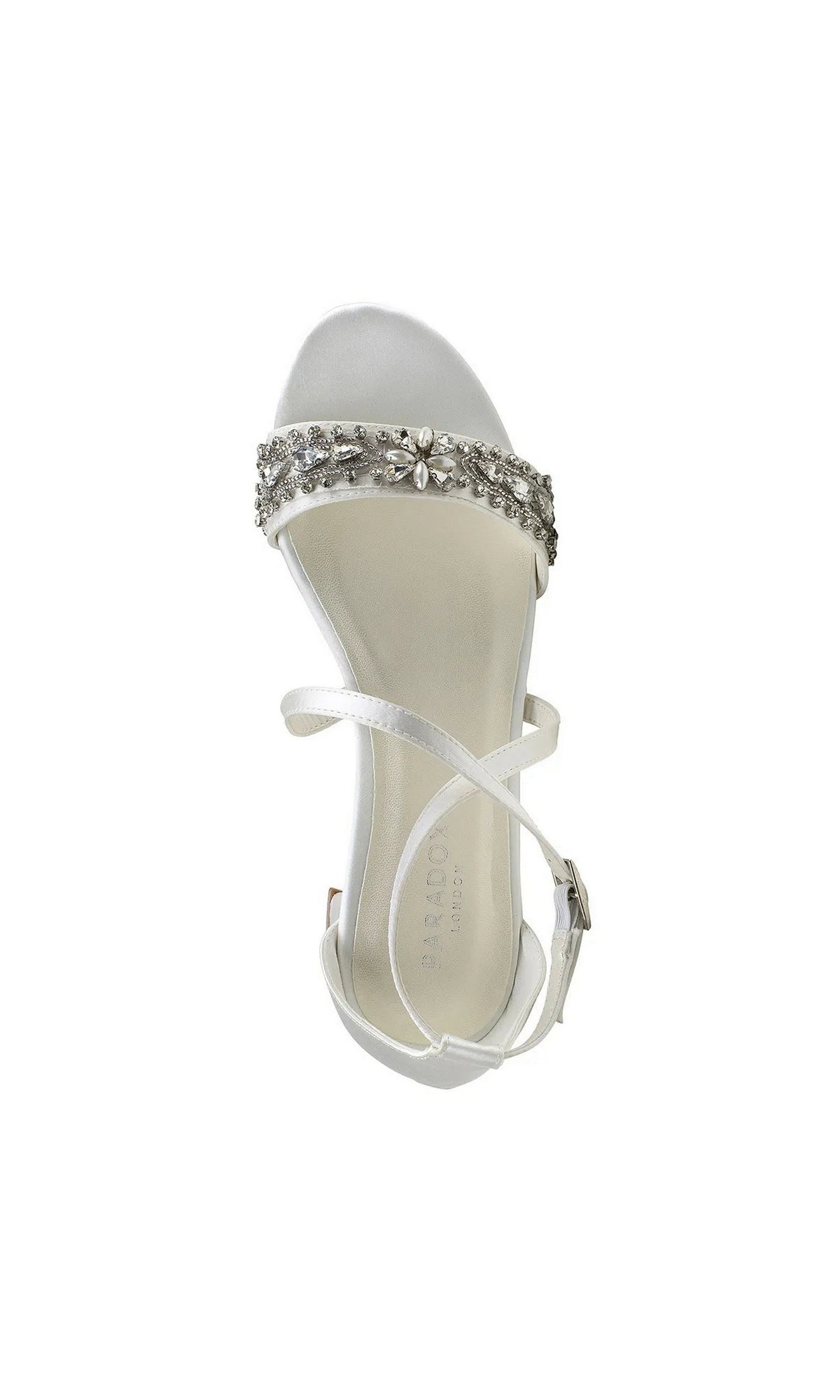 Elyse Ivory Prom Shoes: Paradox London P2231 in ivory satin, featuring a jeweled toe strap, an adjustable ankle strap, and a block heel.