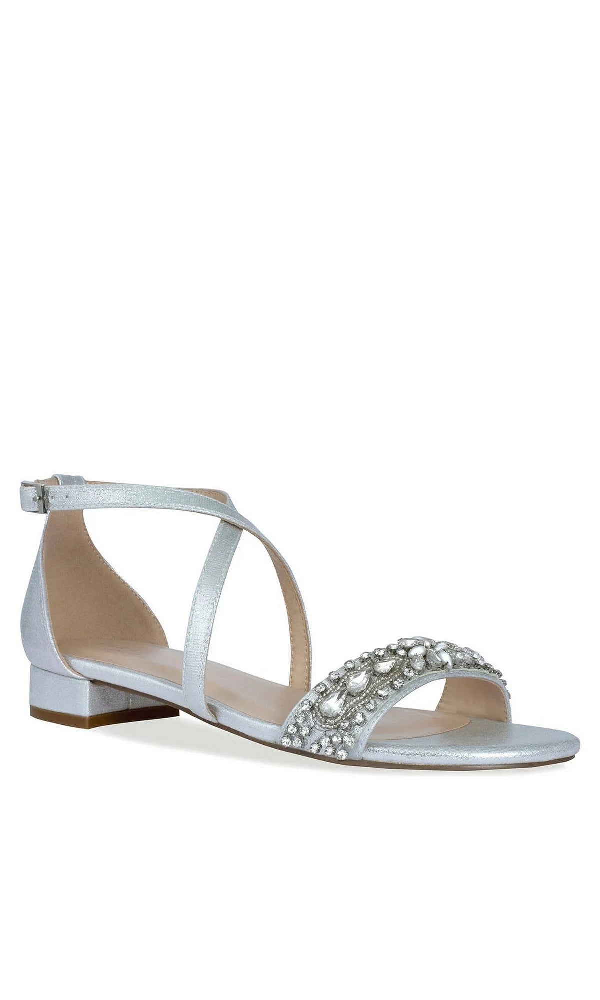 Elyse Silver Prom Shoes: Paradox London P2232 are silver low-heel shoes featuring an ankle strap and a rhinestone-embellished toe strap.