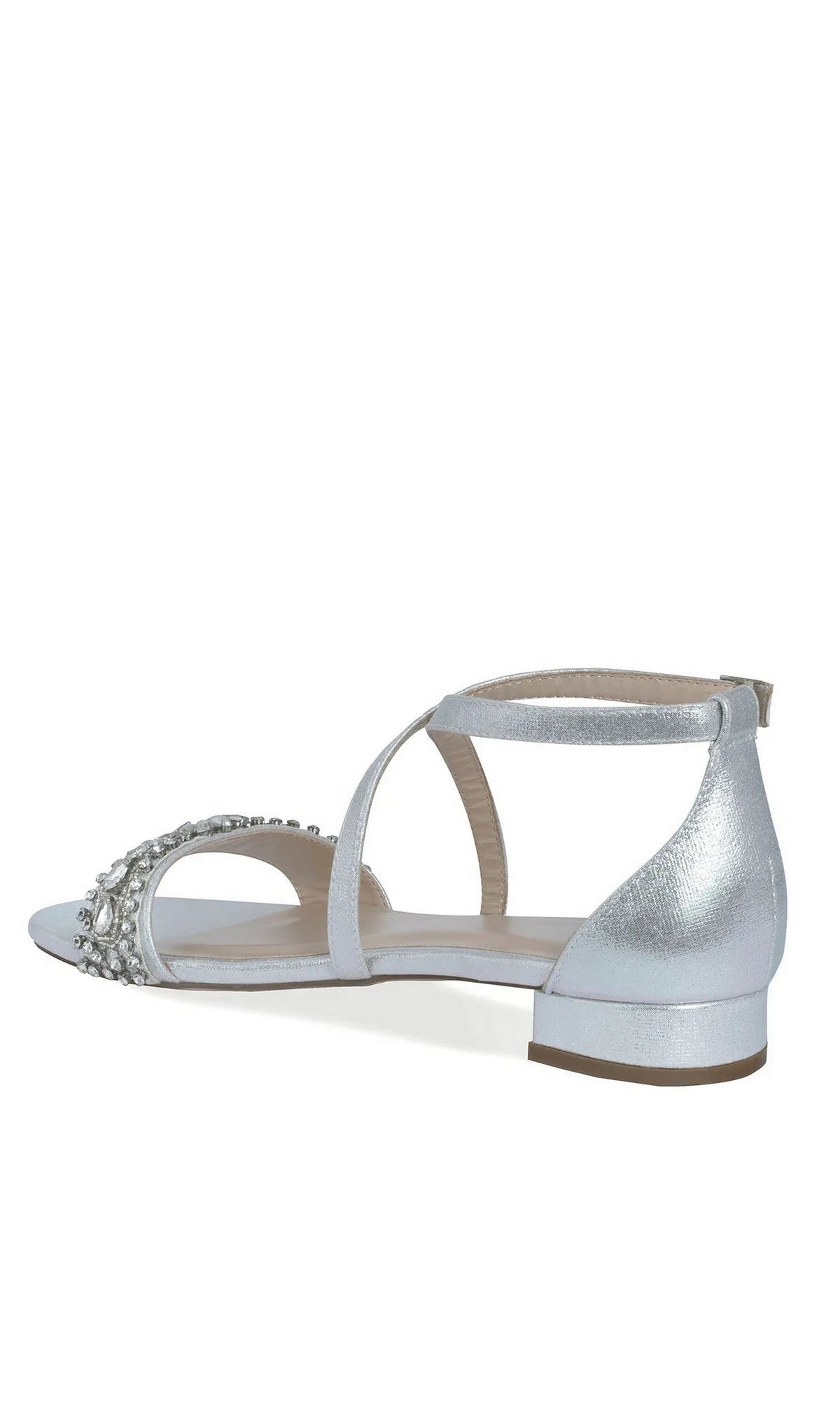 Elyse Silver Prom Shoes: Paradox London P2232 are silver flat sandals featuring an ankle strap and a crystal-embellished rhinestone band.