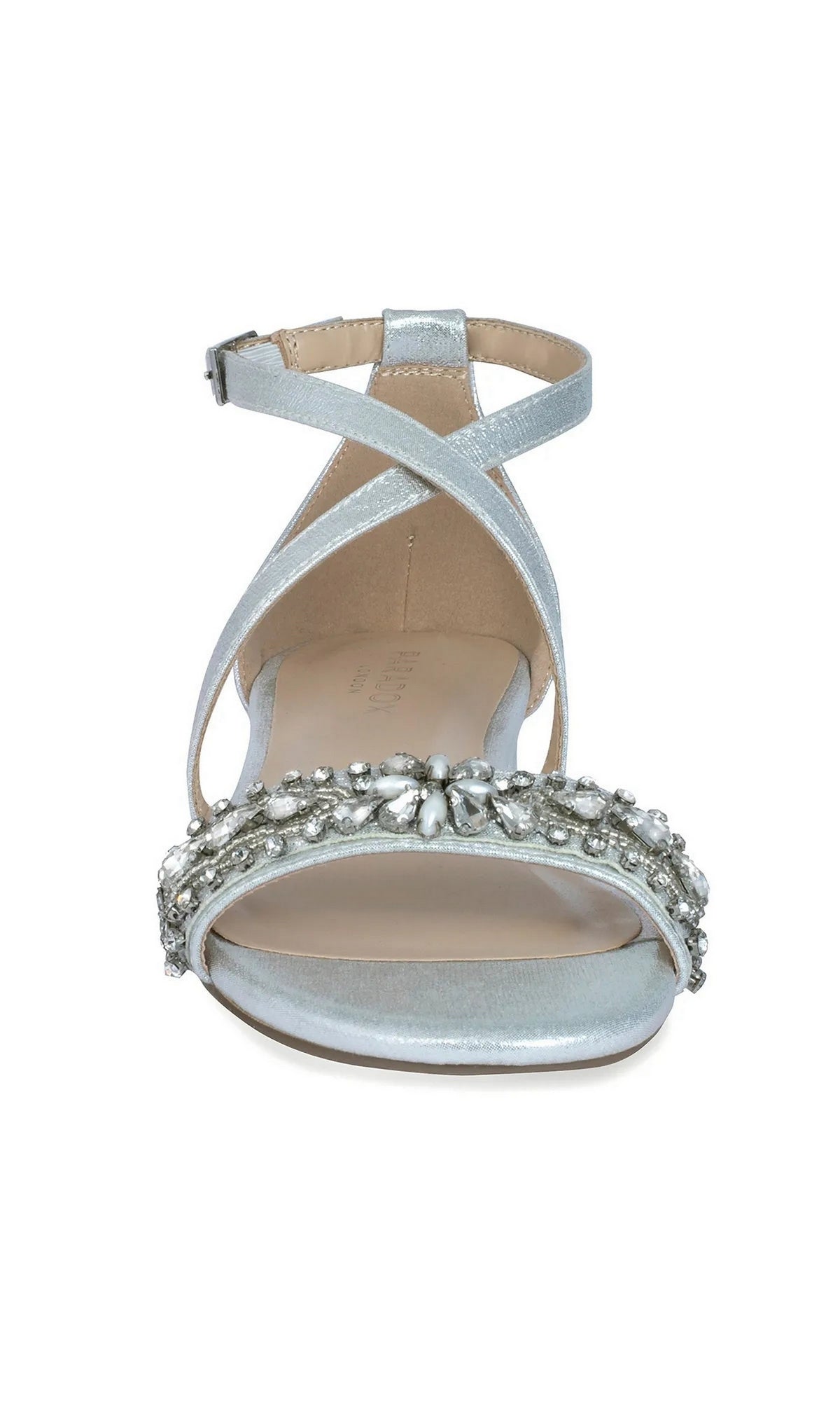 Elyse Silver Prom Shoes: Paradox London P2232 are silver low-heel shoes featuring a rhinestone band toe strap and crisscross ankle straps.