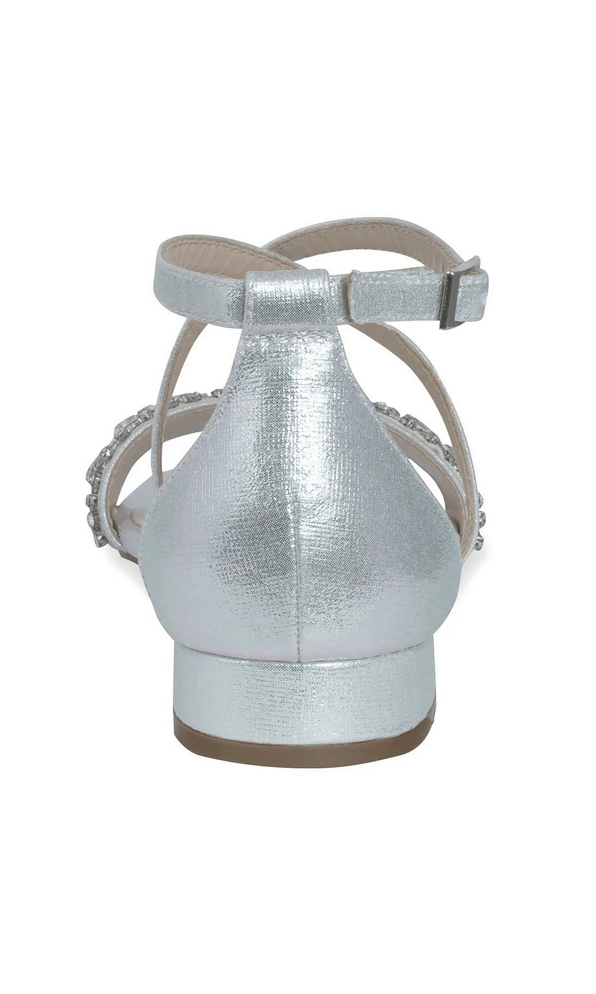 Back view of Elyse Silver Prom Shoes: Paradox London P2232, featuring a silver metallic low-heel with an ankle strap and rhinestone band embellishments.