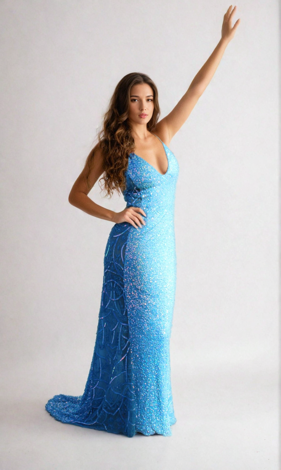 A woman poses with one hand on her hip and the other arm raised, wearing the Aleta Sheer-Side Backless Sequin Prom Dress 1121 against a plain white background.