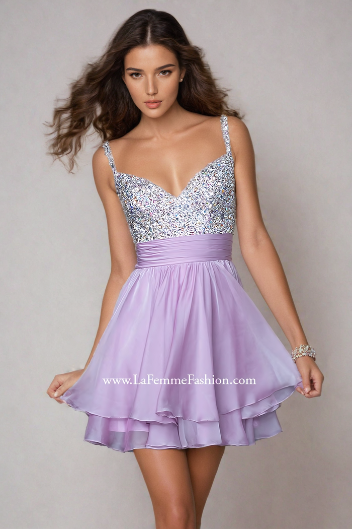 La Femme Short Tiered Party Dress with Beads