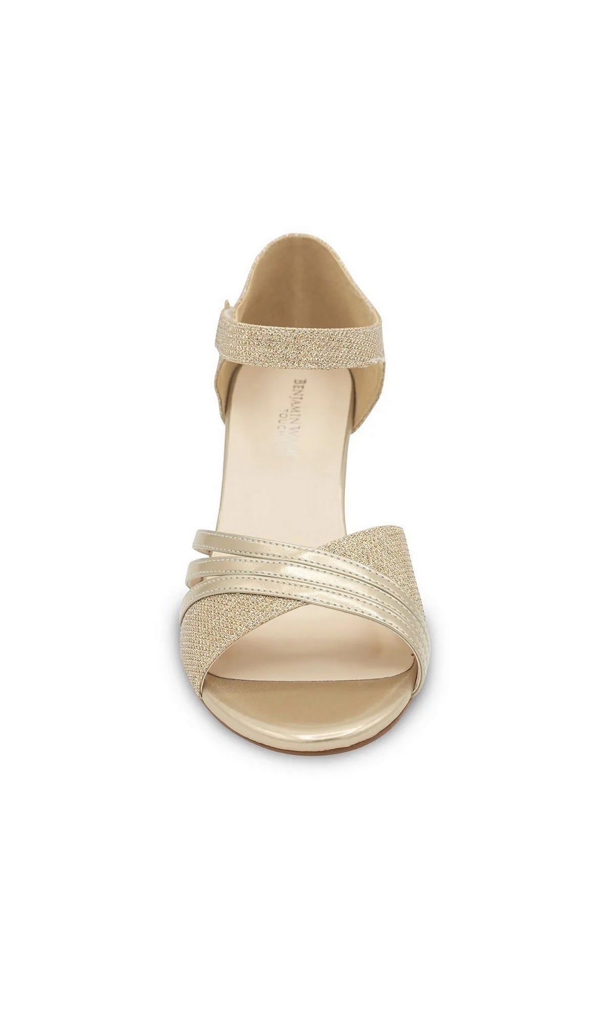 Foster Champagne Prom Shoes: Touch Ups 4679 are champagne-colored open toe sandals with a low block heel, an ankle strap, and crisscross straps over the toe.