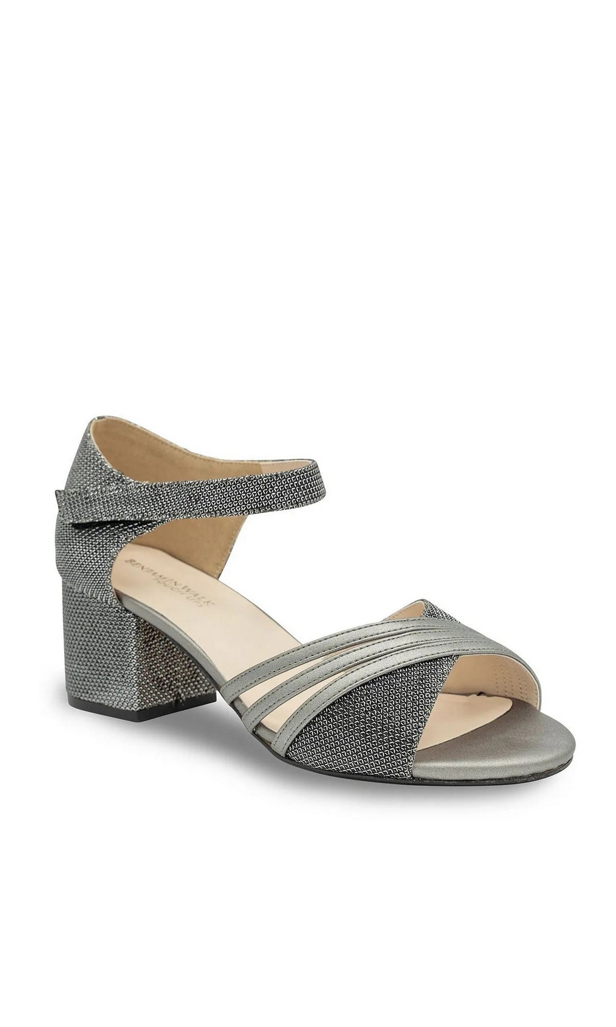 Foster Pewter Prom Shoes: Touch Ups 4681 pewter glitter mid-heel sandal with an ankle strap and crisscross front straps.