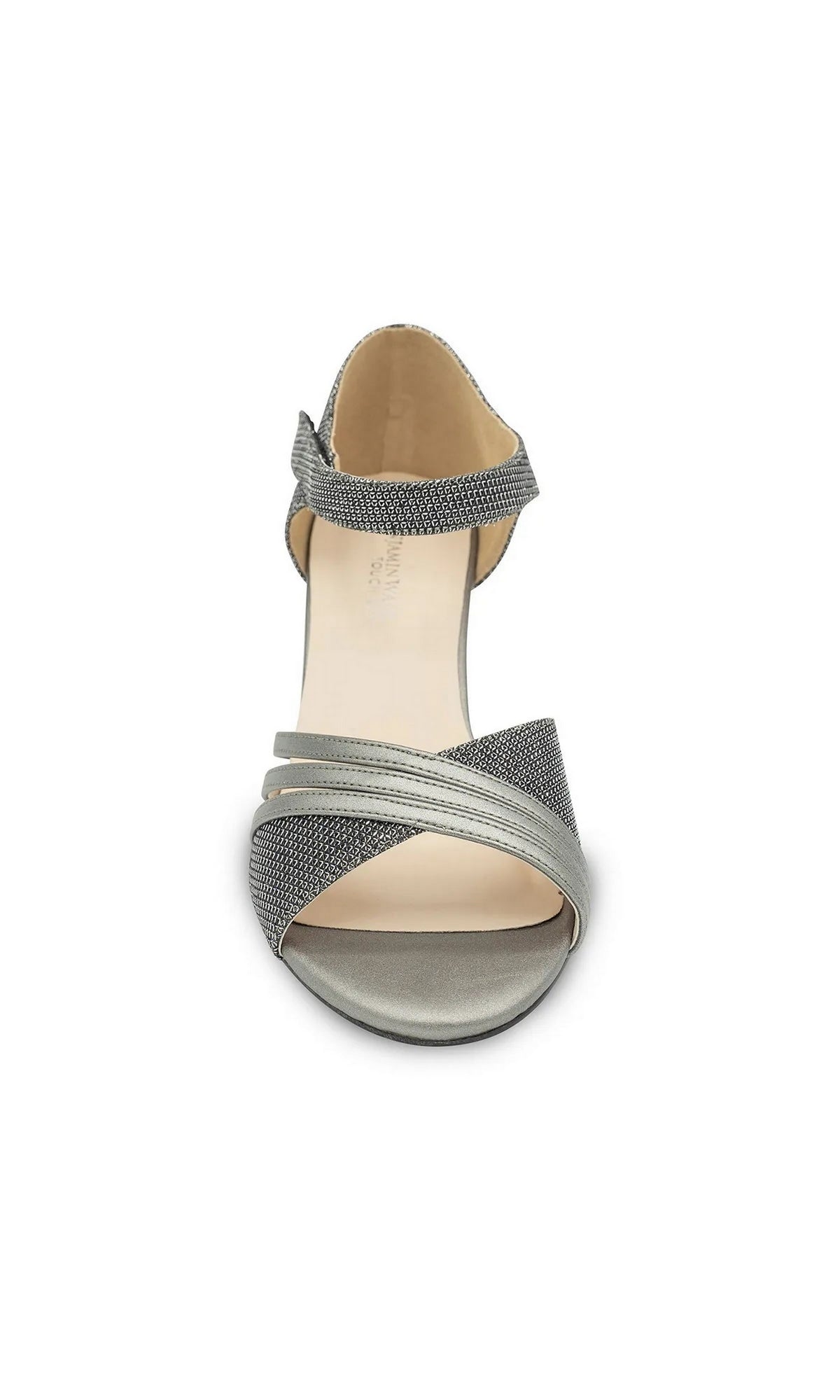 Foster Pewter Prom Shoes: Touch Ups 4681 are pewter-colored low heel shoes featuring an ankle strap and crisscross front straps.