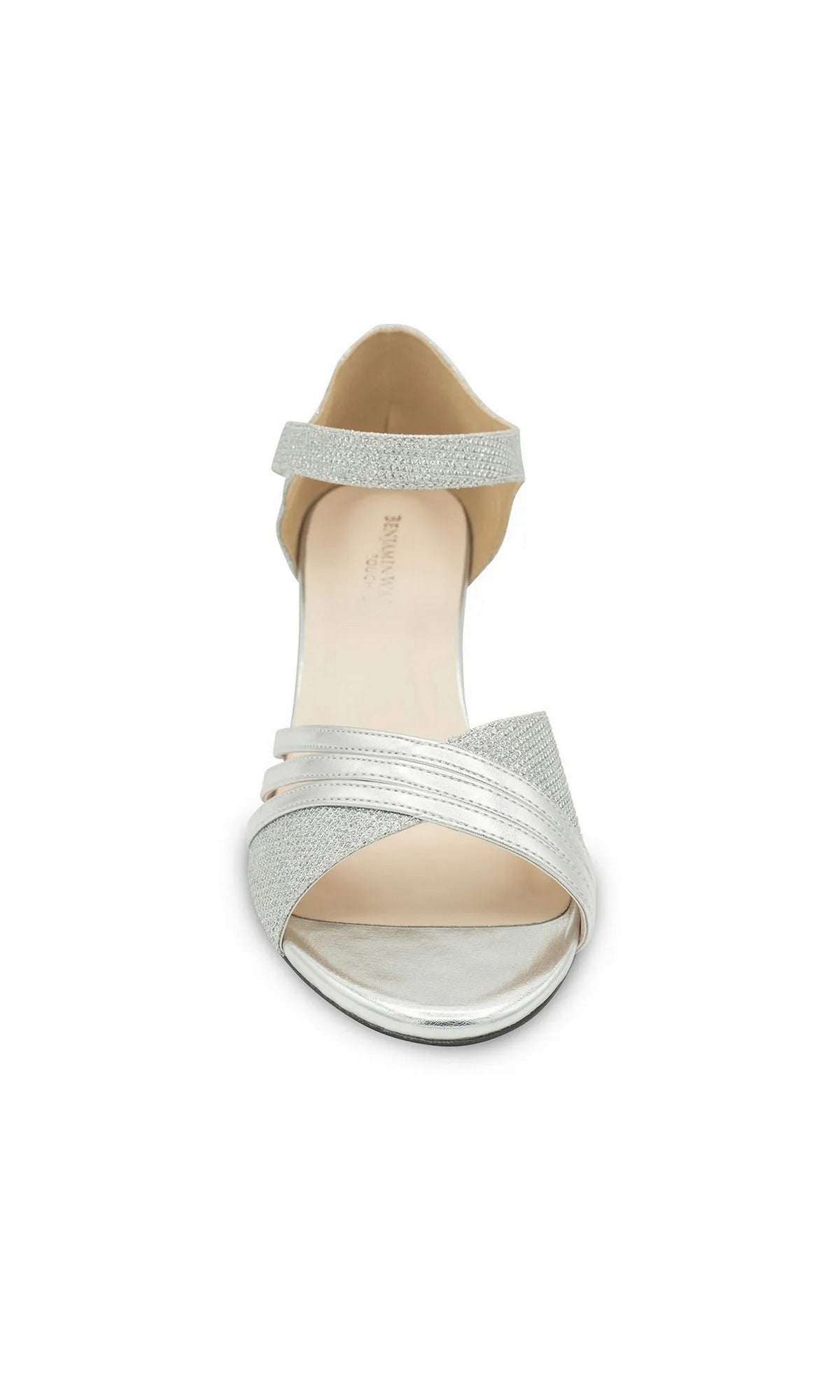 Foster Silver Prom Shoes: Touch Ups 4680 are silver glitter open-toe evening sandals with a crossover strap design and an ankle strap.