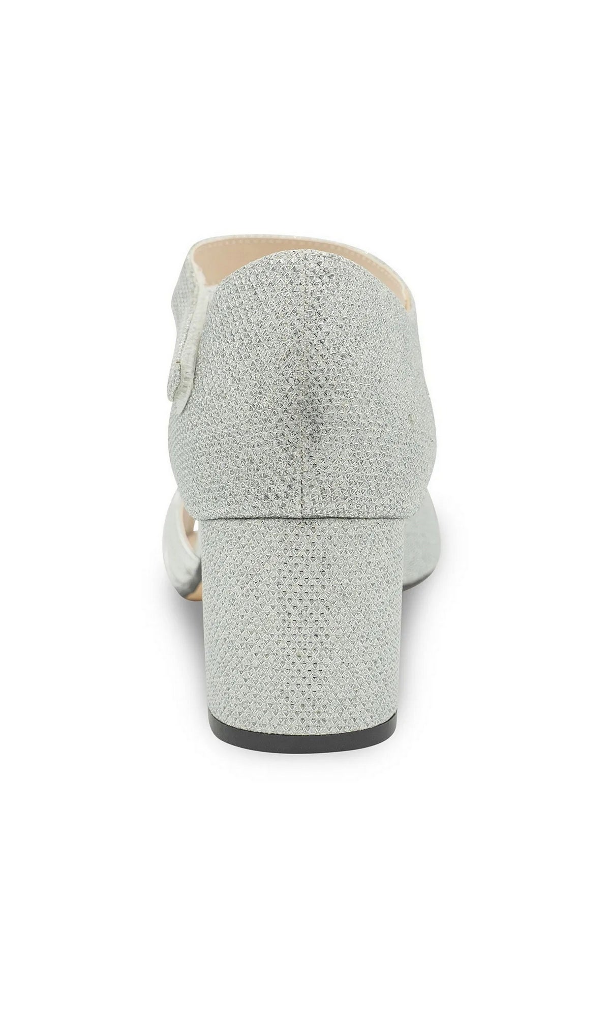 Back view of Foster Silver Prom Shoes: Touch Ups 4680, featuring a silver glitter block heel and an ankle strap.