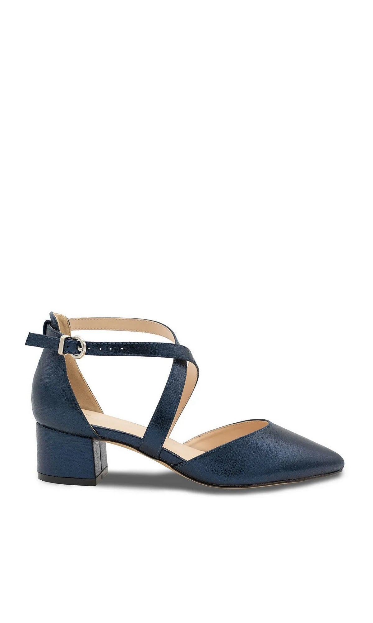 Francis Navy Prom Shoes: Paradox London P2308 navy blue pointed-toe block heel shimmer pumps with an ankle strap and silver buckle.