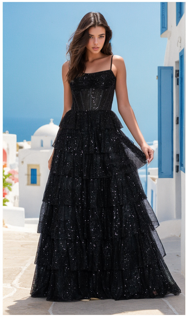 A woman in the Corset-Back Long Tiered Sequin Prom Ball Gown 9328 stands outdoors on a sunlit street, surrounded by white buildings with blue accents in the background.