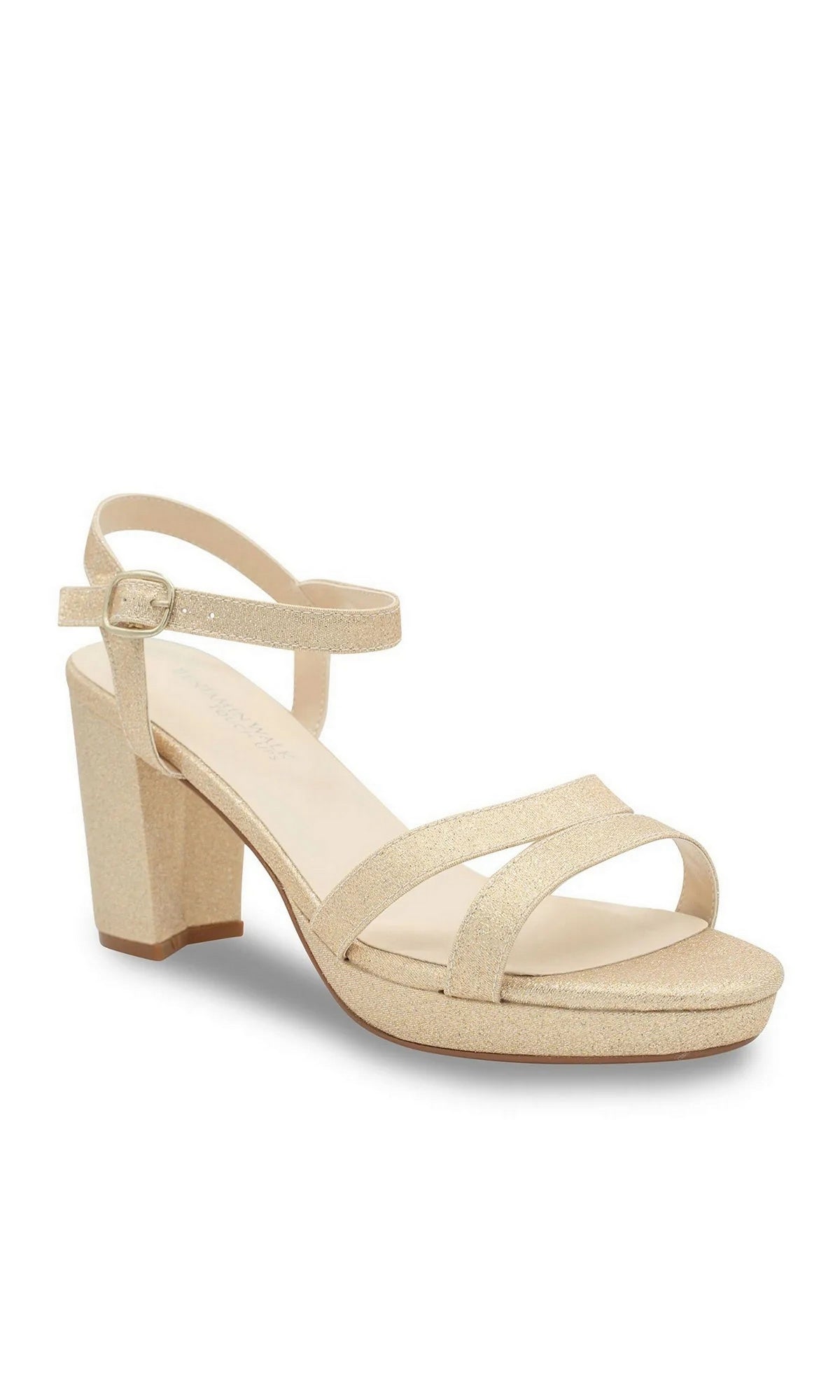 Harmon Champagne Prom Shoes: Touch Ups 4676, champagne-colored glitter sandals with a block heel, an ankle strap, and a platform sole.