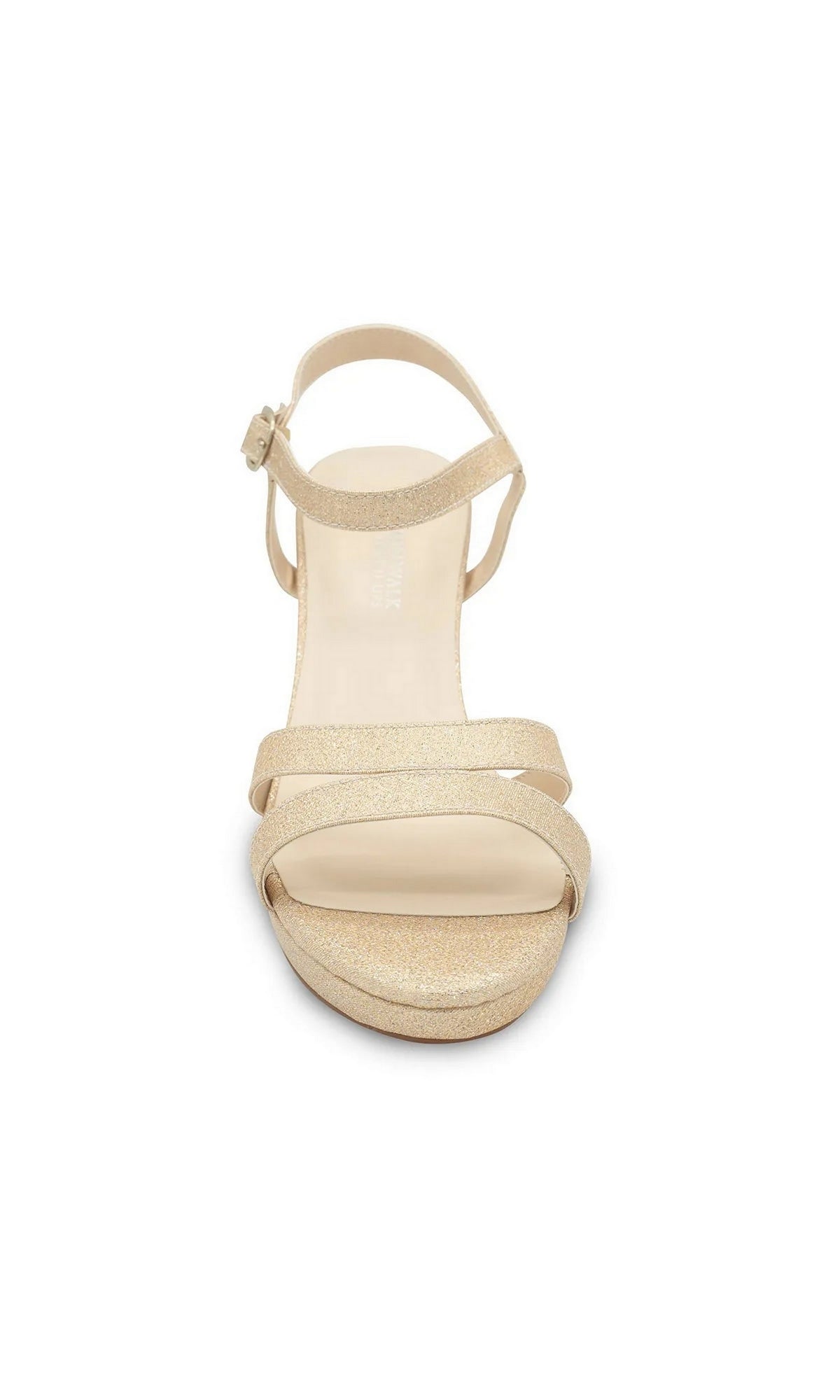 Harmon Champagne Prom Shoes: Touch Ups 4676 gold glitter platform sandals with a block heel and an ankle strap.