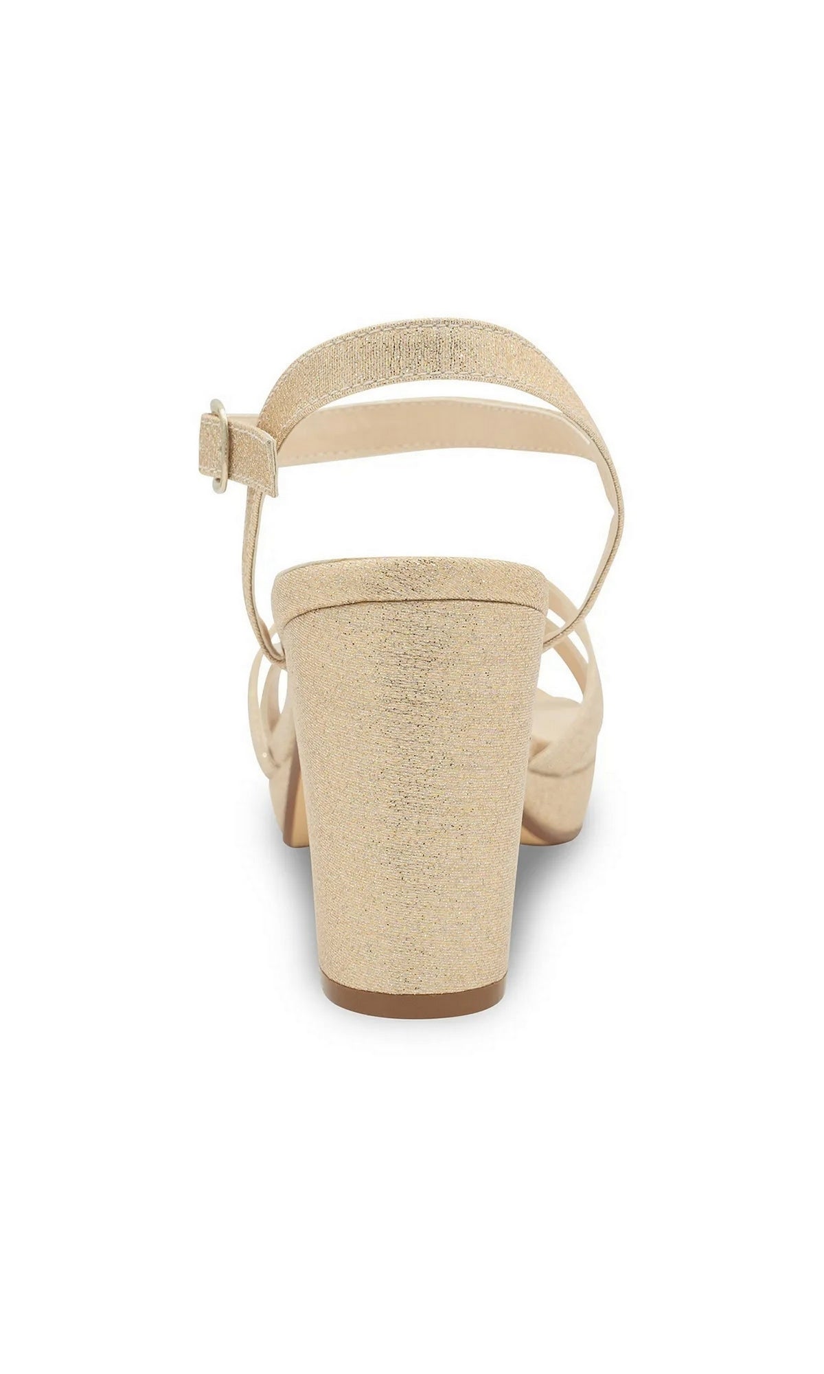 Back view of a gold glitter Harmon Champagne Prom Shoes: Touch Ups 4676 strappy high-heeled sandal with an ankle strap and block heel.