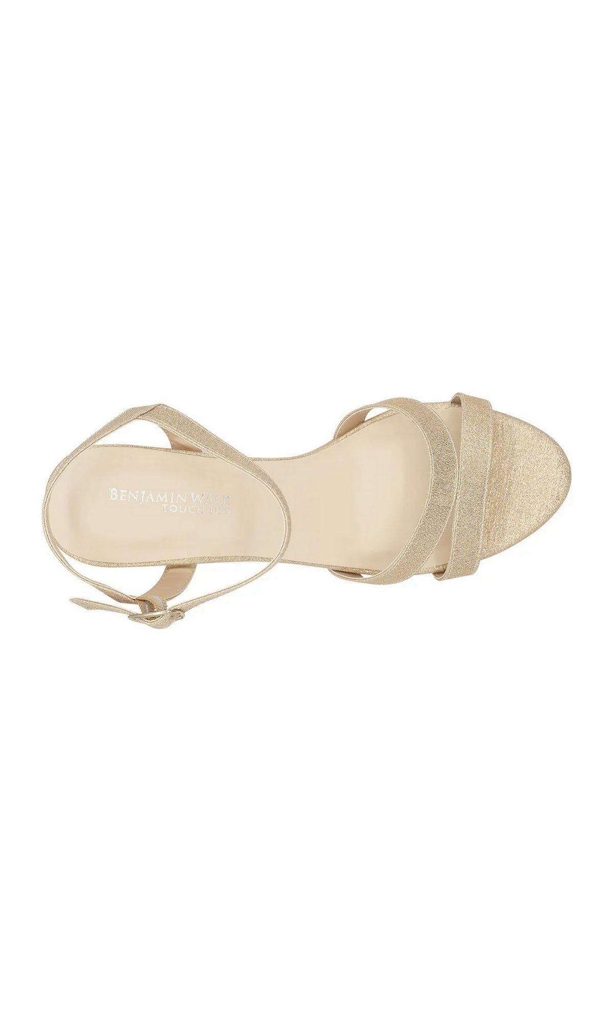Harmon Champagne Prom Shoes: Touch Ups 4676 gold glitter strappy sandals with a block heel and an ankle strap.