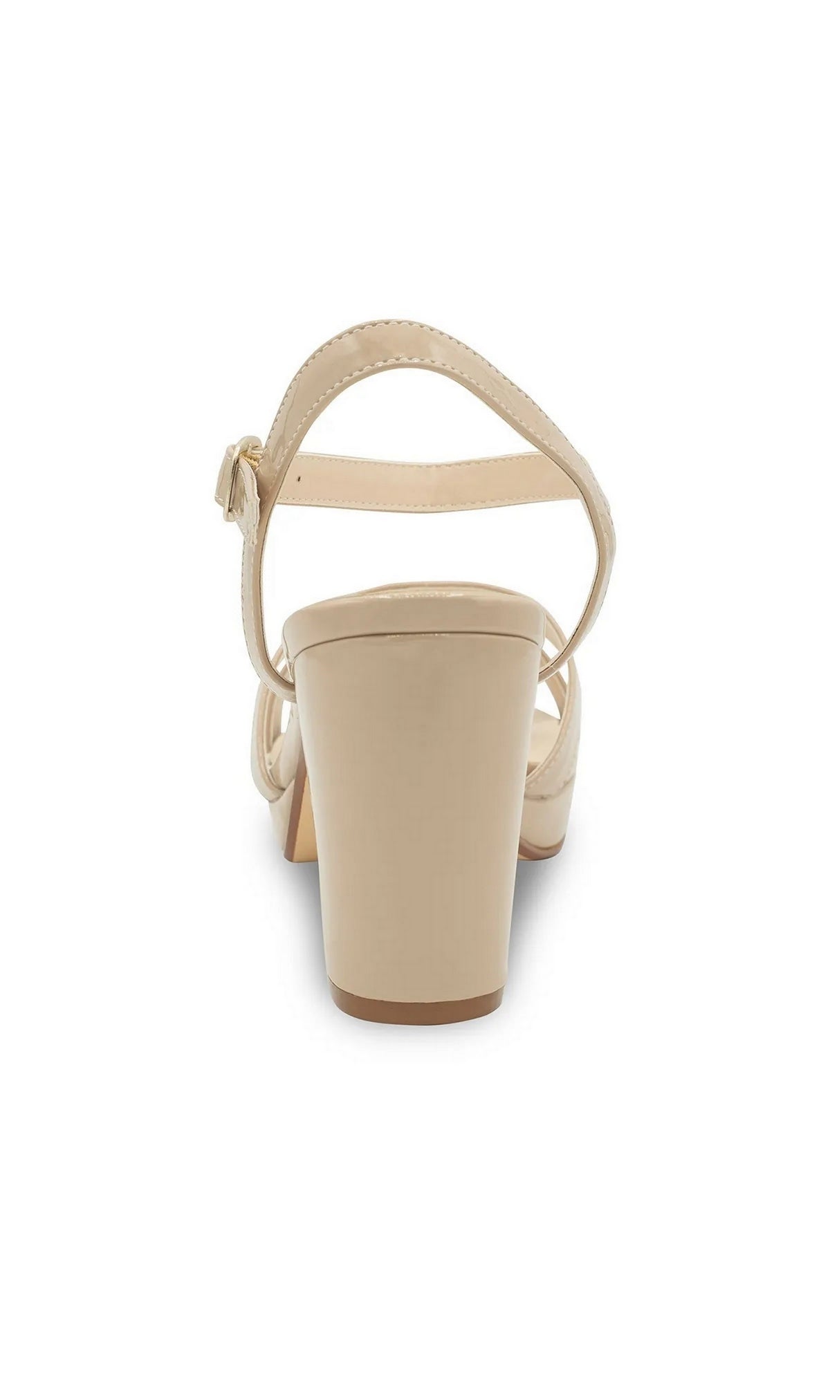 Back view of the Harmon Nude Platform Prom Shoes: Touch Ups 4675, a nude patent block heel platform sandal with an ankle strap.