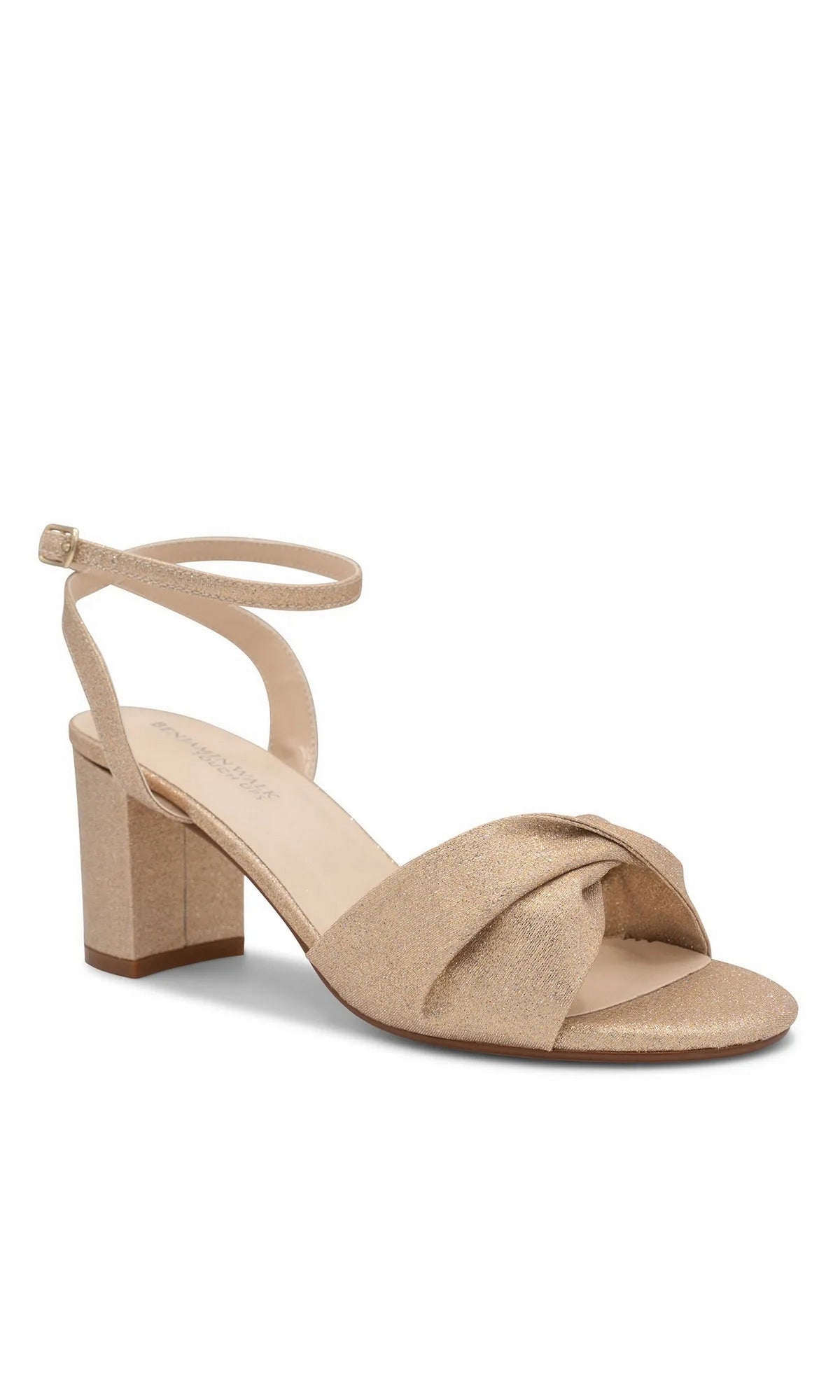 Hope Champagne Prom Shoes: Touch Ups 4694 champagne-colored block heel sandals featuring a twisted strap across the toe and an ankle strap with a buckle.