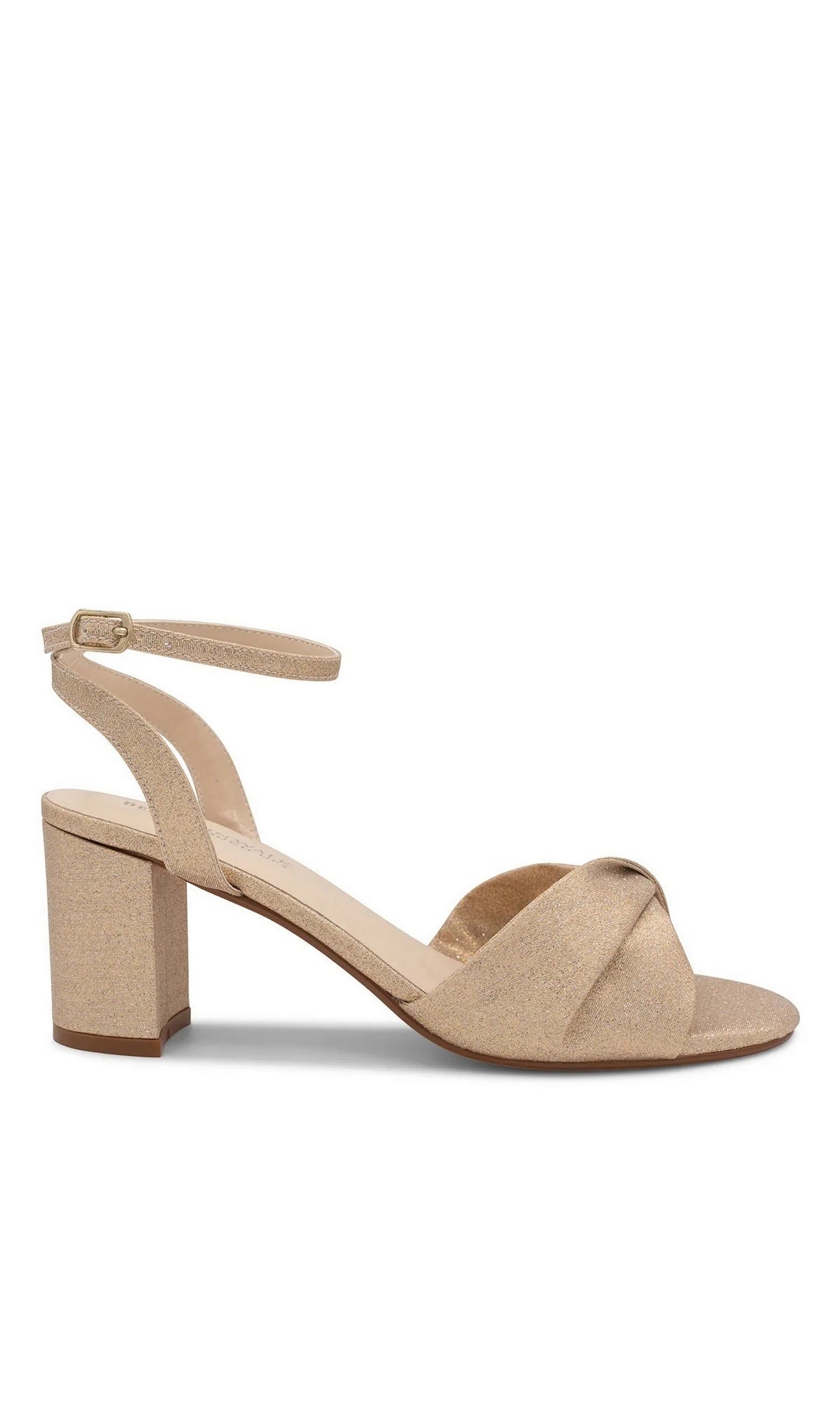 Hope Champagne Prom Shoes: Touch Ups 4694, champagne-colored glittery block-heel sandals featuring an ankle strap and a knotted front toe strap.
