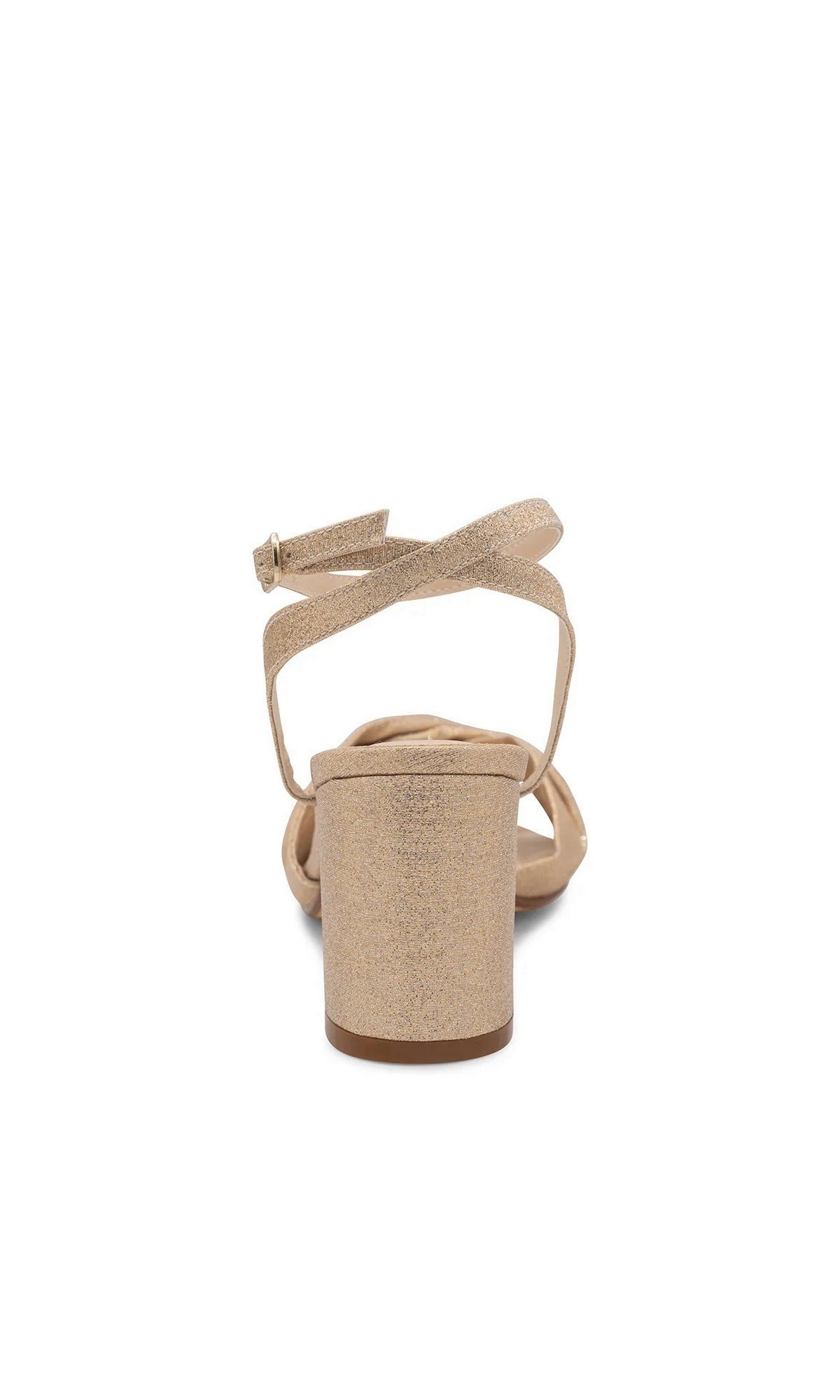 Back view of Hope Champagne Prom Shoes: Touch Ups 4694, featuring champagne-colored glitter block-heel sandals with a secure ankle strap for an elegant open-toe look.