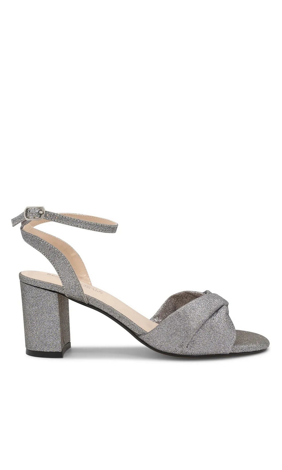 Hope Pewter Block Heel Prom Shoes: Touch Ups 4693 in silver glitter with a block heel, ankle strap, and twisted front detail.