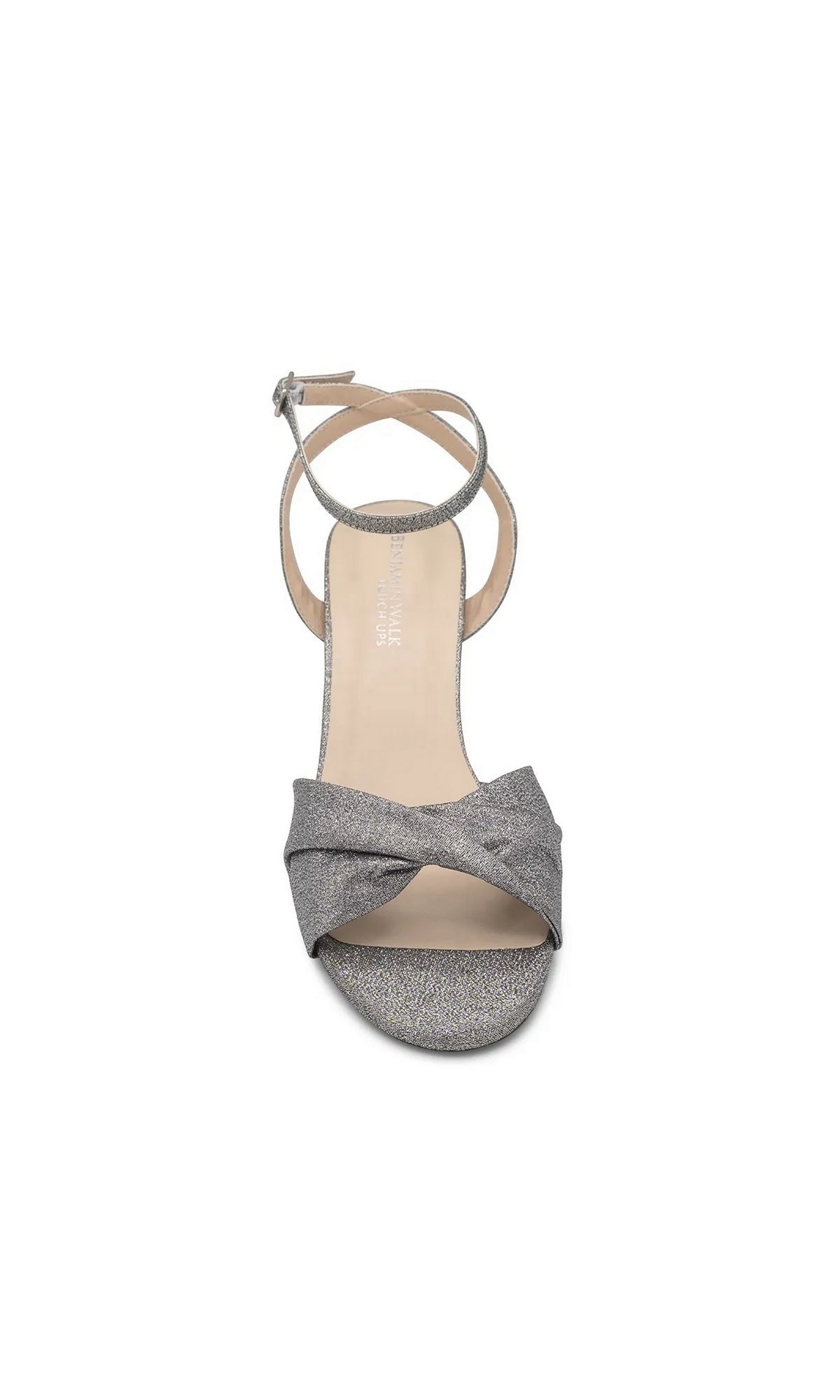 Hope Pewter Block Heel Prom Shoes: Touch Ups 4693 are silver glittery block-heel sandals with an ankle strap and a knotted front toe strap.