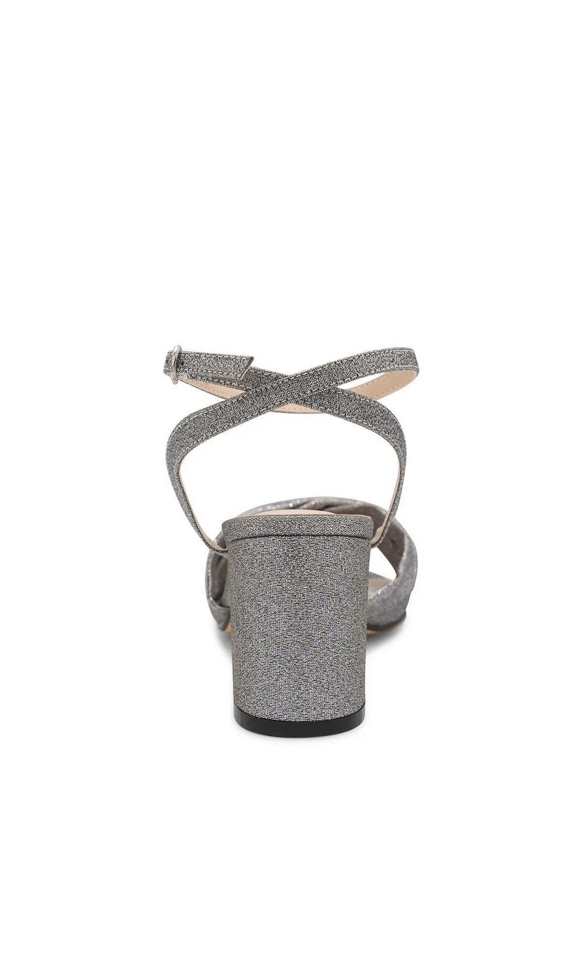 Back view of Hope Pewter Block Heel Prom Shoes: Touch Ups 4693, a shimmering pewter block-heel sandal with a buckled crisscross ankle strap.