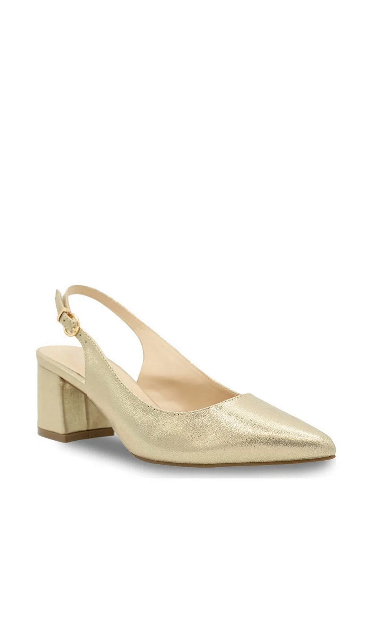 Imelda Champagne Prom Shoes: Paradox London P2400, a gold pointed-toe slingback pump with a comfortable block heel and an adjustable ankle strap.
