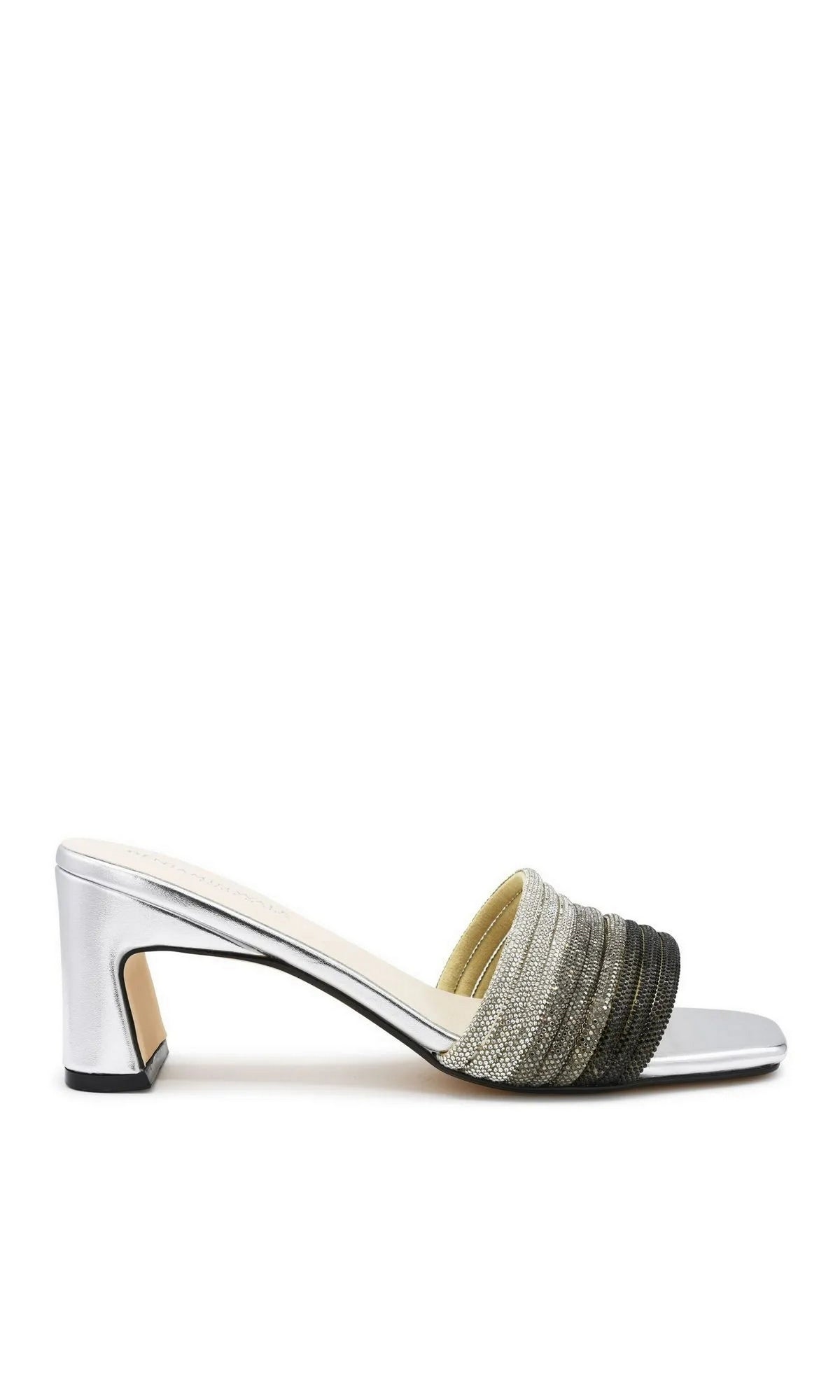 Isla Pewter Silver Prom Shoes: Touch Ups 4708 silver block heel slide sandals featuring a metallic ombre-beaded strap.
