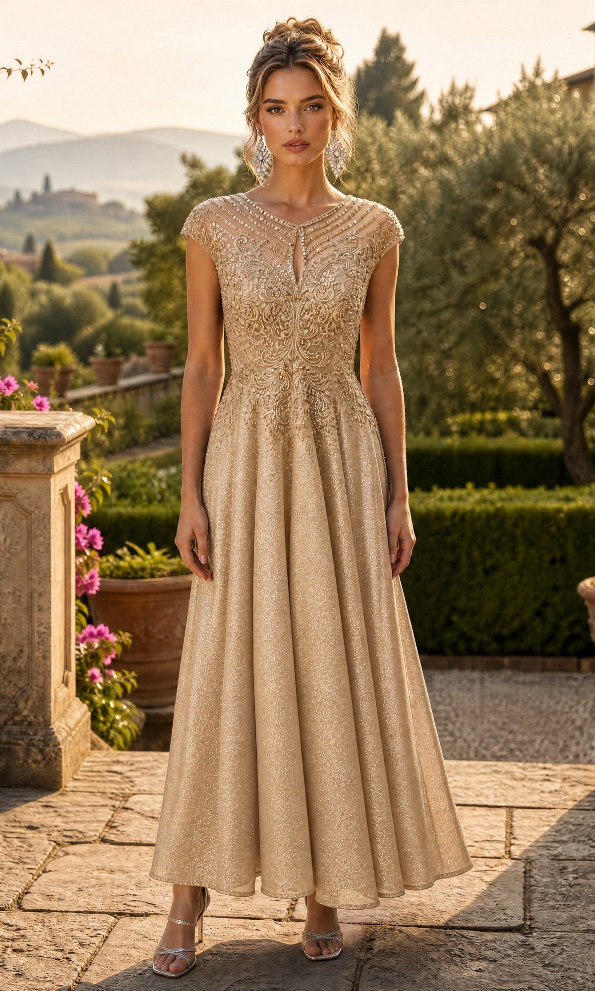 A woman stands outdoors in a garden surrounded by stone and greenery, wearing the Long Prom Dress: Chicas J032 in champagne—a floor-length gown with short sleeves, an embellished bodice with lace detailing, and an elegant A-line skirt that flows gracefully.