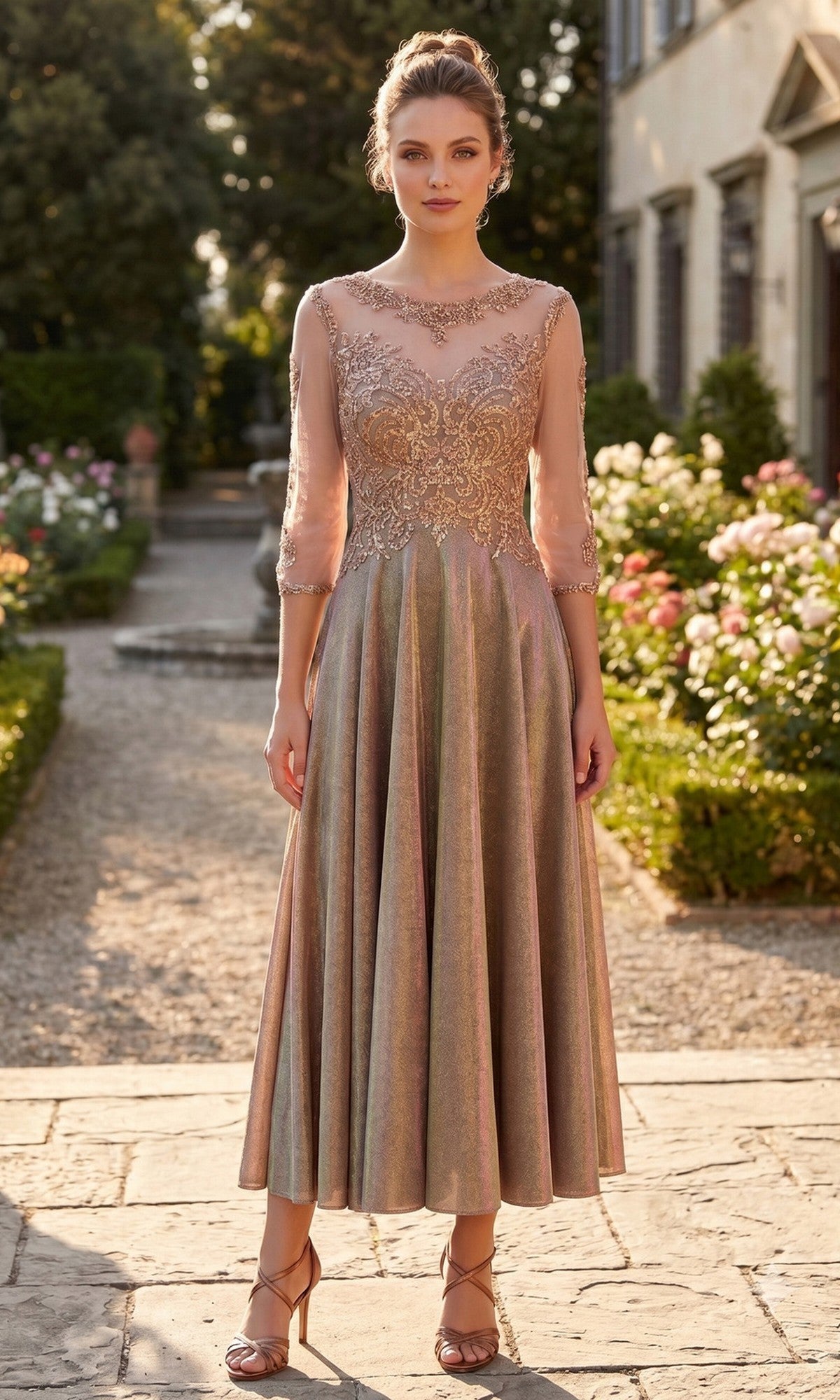 A woman stands outdoors wearing the Midi Wedding Guest Dress: Chicas J040 in shimmering bronze, featuring pink embroidery, sheer sleeves, and a mid-length skirt paired with strappy sandals. A garden and building are visible in the background.