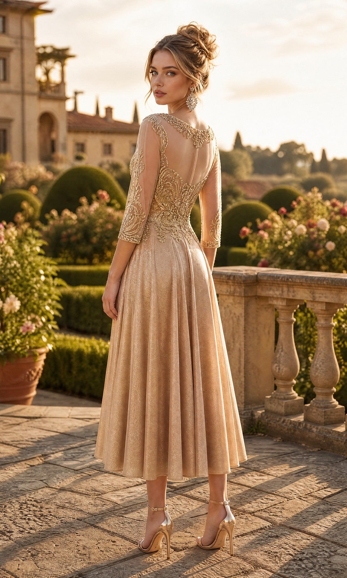 A woman wearing the Chicas J040 Midi Wedding Guest Dress, featuring sparkly fabric, sheer sleeves, and intricate embroidery, stands outdoors near a stone railing and a garden at sunset.