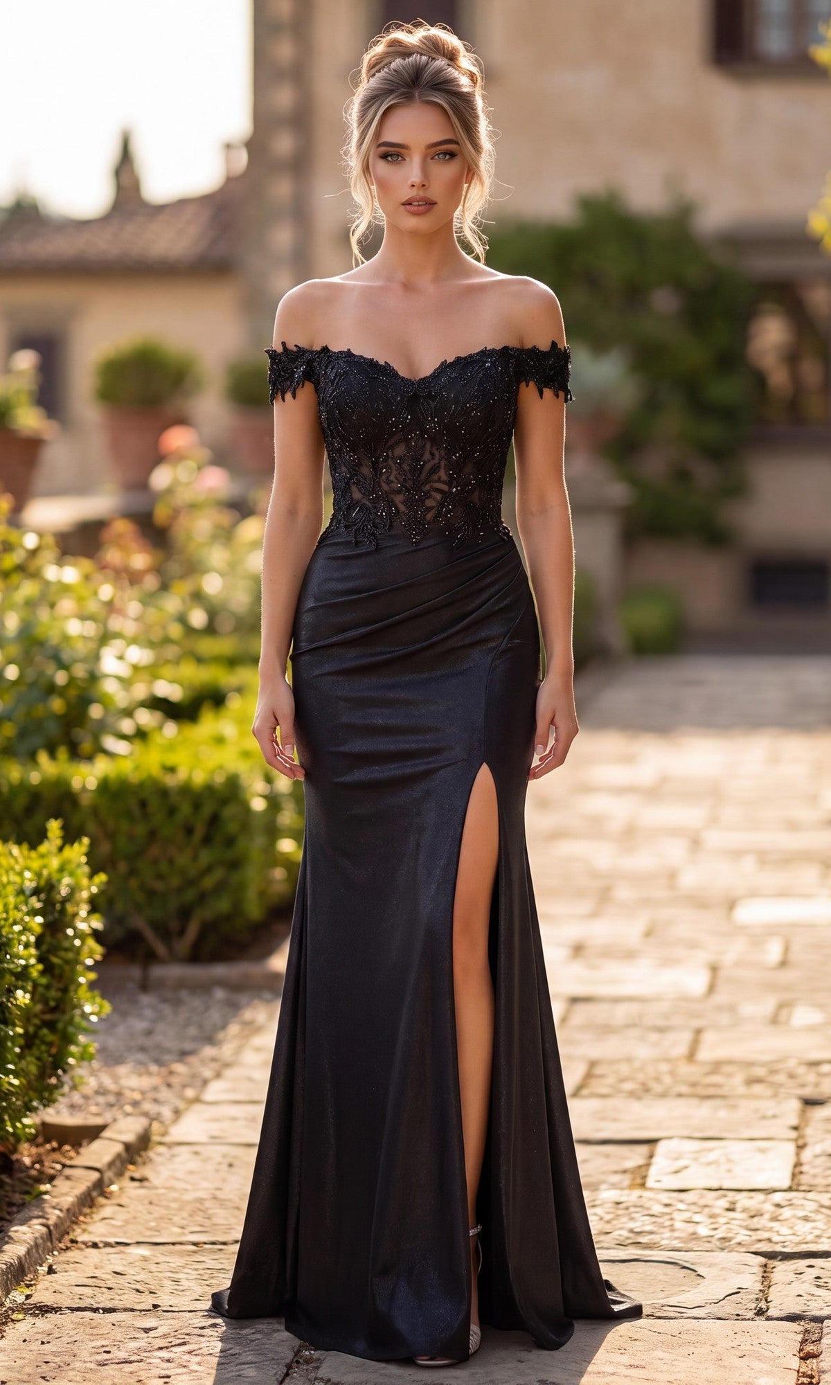 Outdoors in daylight, a woman stands on a stone path surrounded by greenery and a building, wearing the Long Prom Dress: Chicas J054 in black—an off-the-shoulder gown featuring a stunning lace bodice, luxurious stretch satin fabric, and a thigh-high slit.