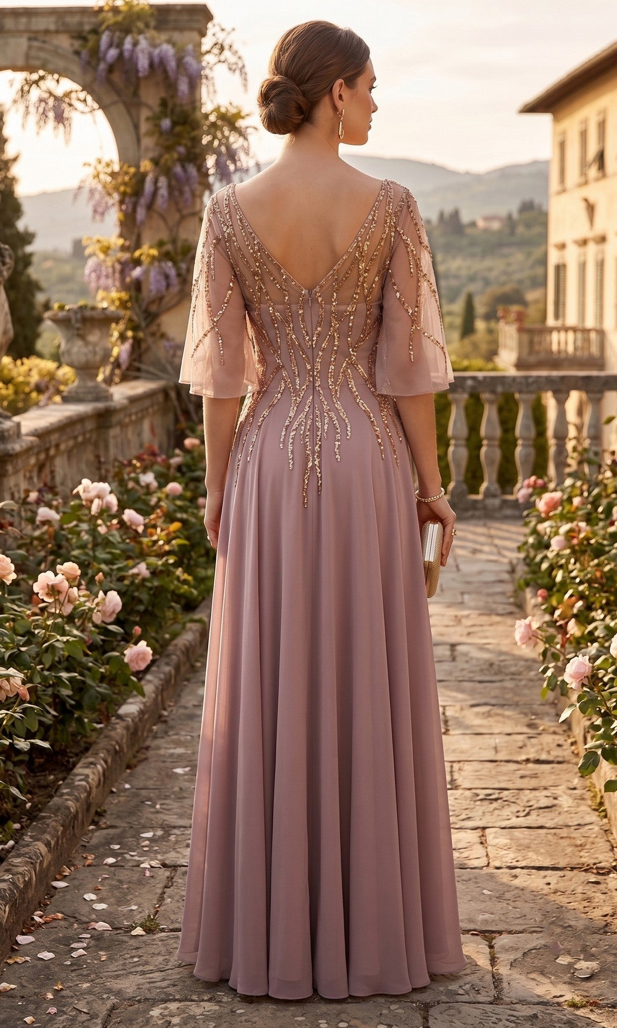A woman in the Long Prom Dress: Chicas J064—a mauve mother-of-the-bride gown featuring beaded details—stands on a stone path in a garden, holding a clutch, with flowers and historic buildings in the background.