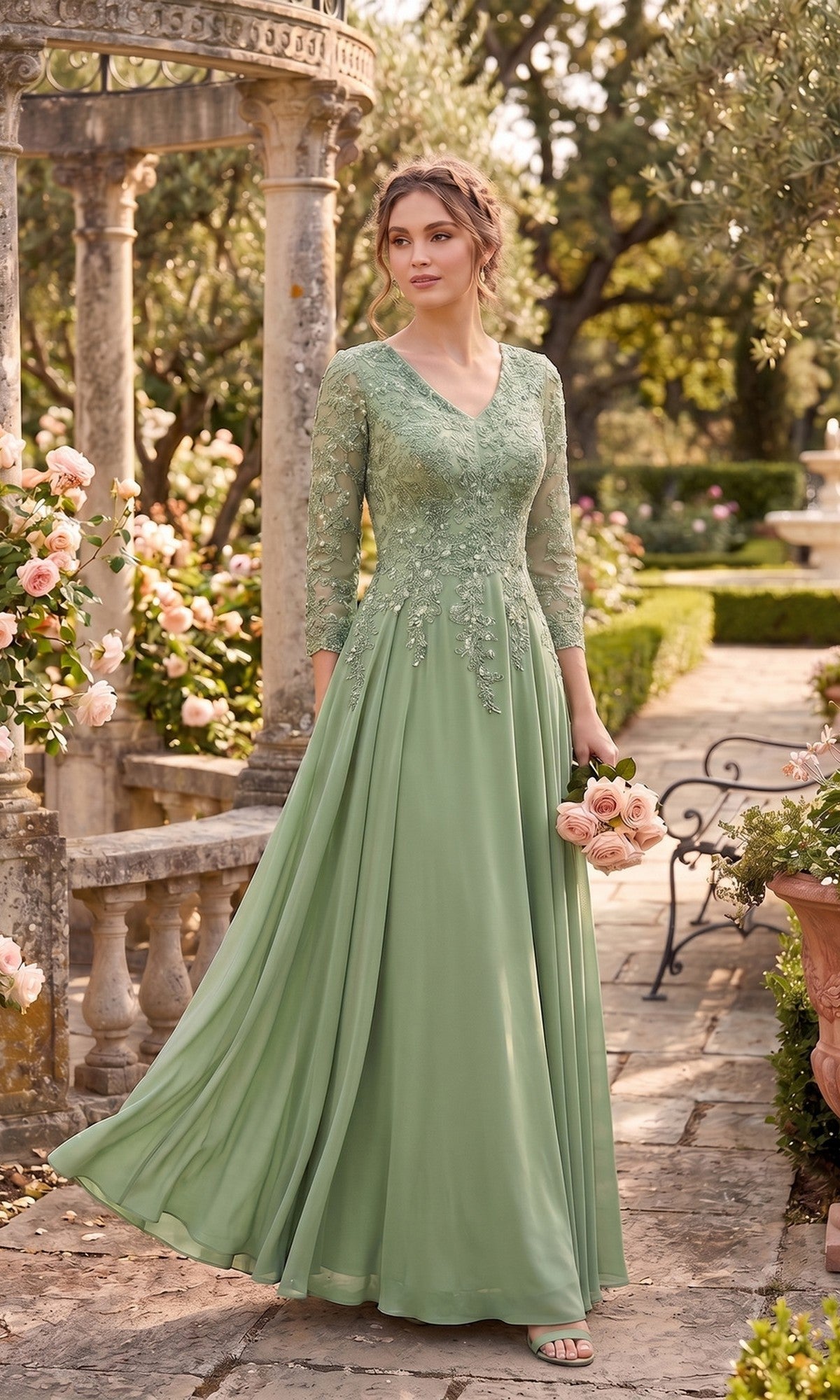 A woman in a long, sage Chicas J070 prom dress stands in a garden, holding a small bouquet of pale pink roses.